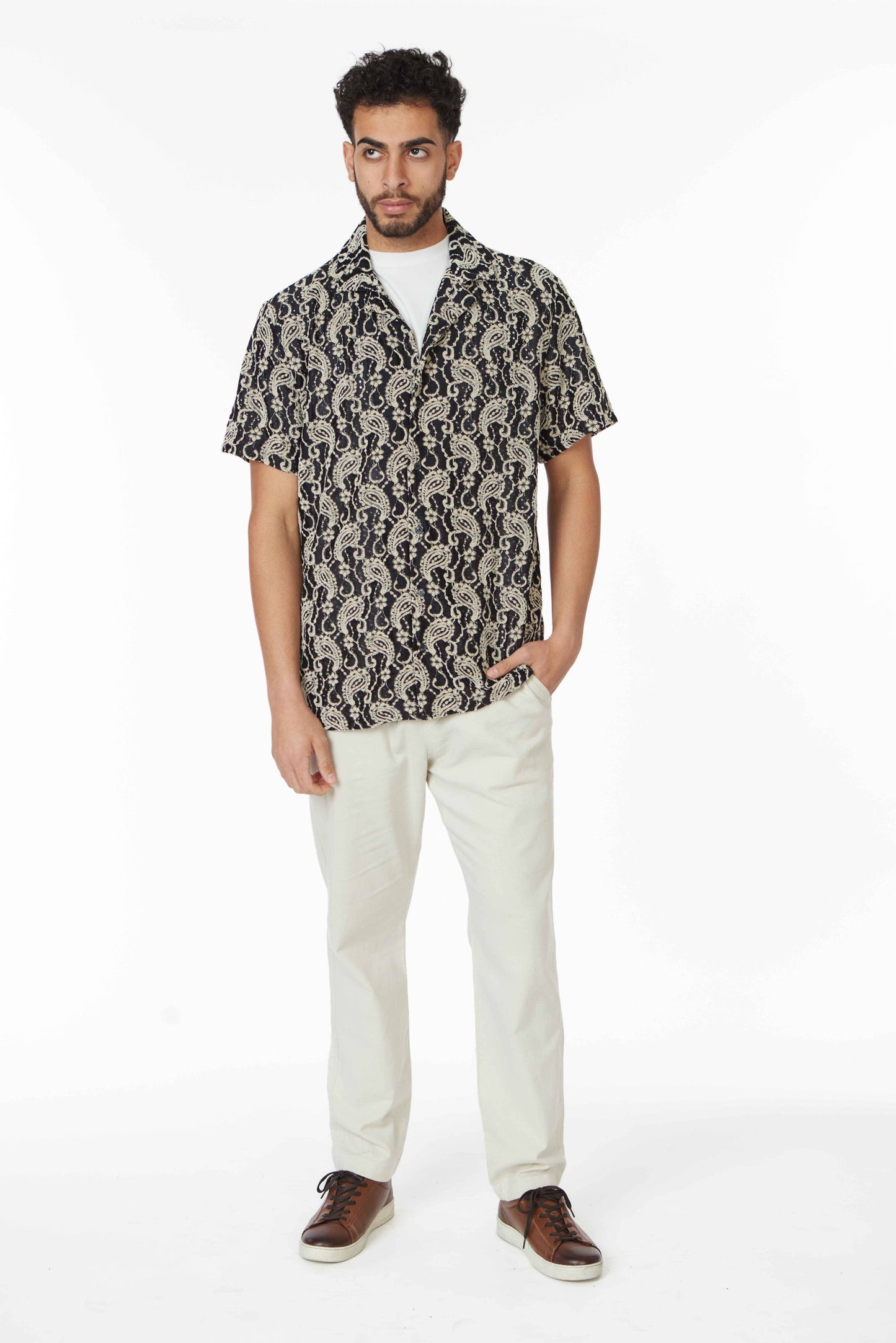 Crochet/Textured Short Sleeve Men's Shirt - Black/Beige