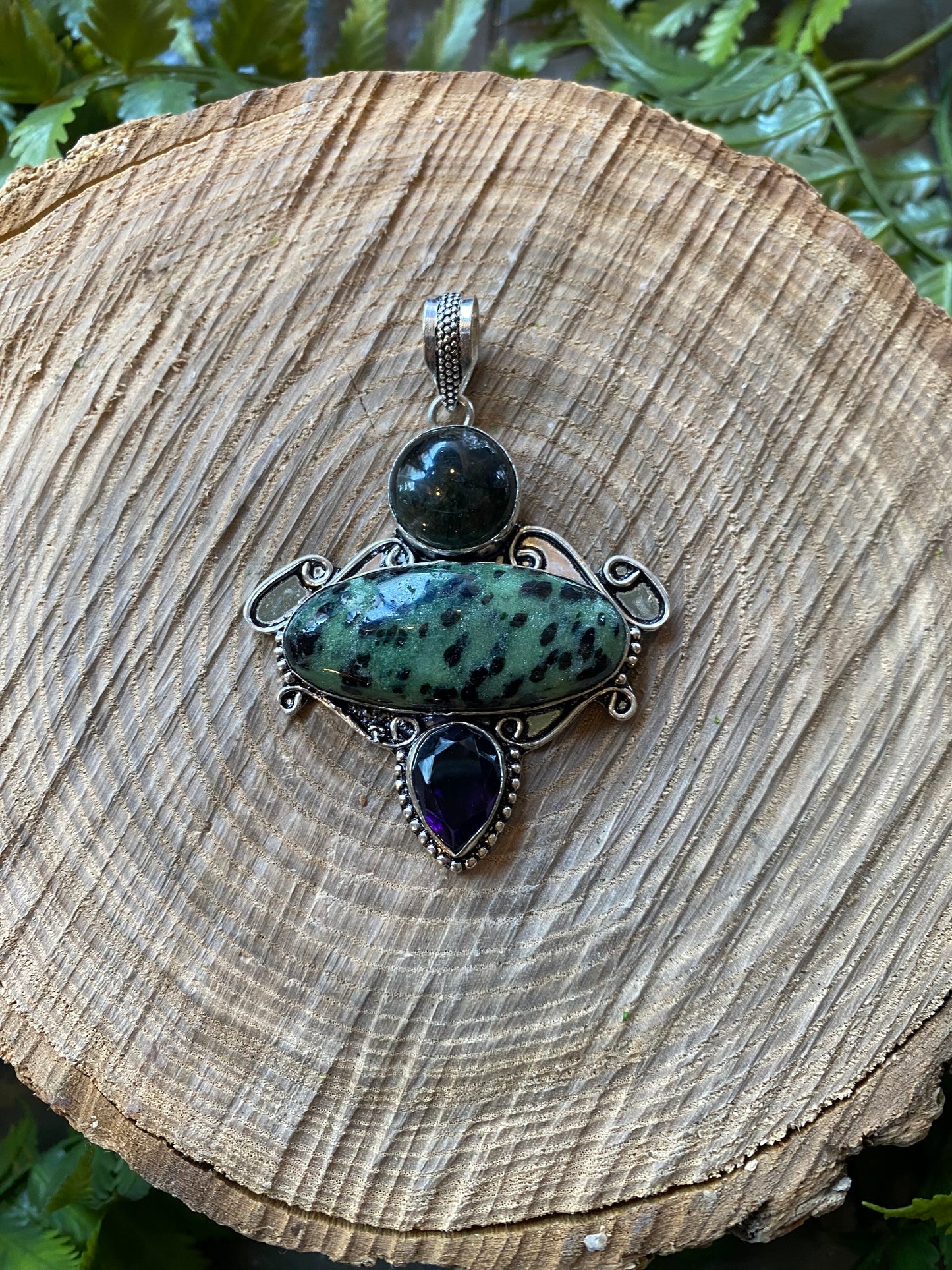 Green Jasper Smokey Quartz Amethyst Pendant