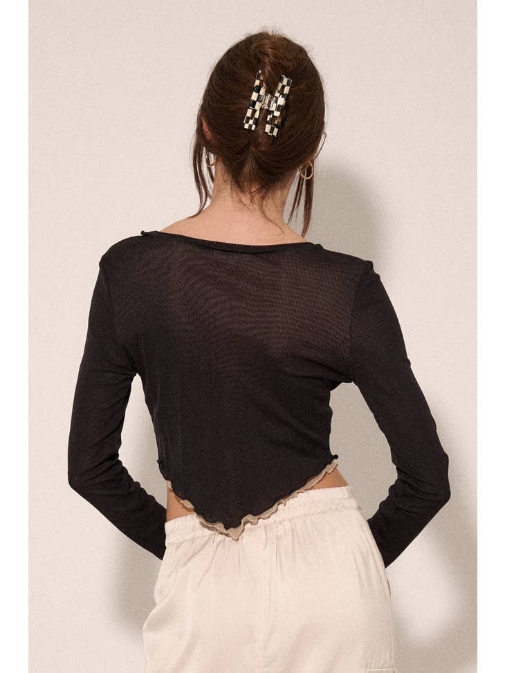Layered Mesh Cropped V-Hem Top - Black - La De Da