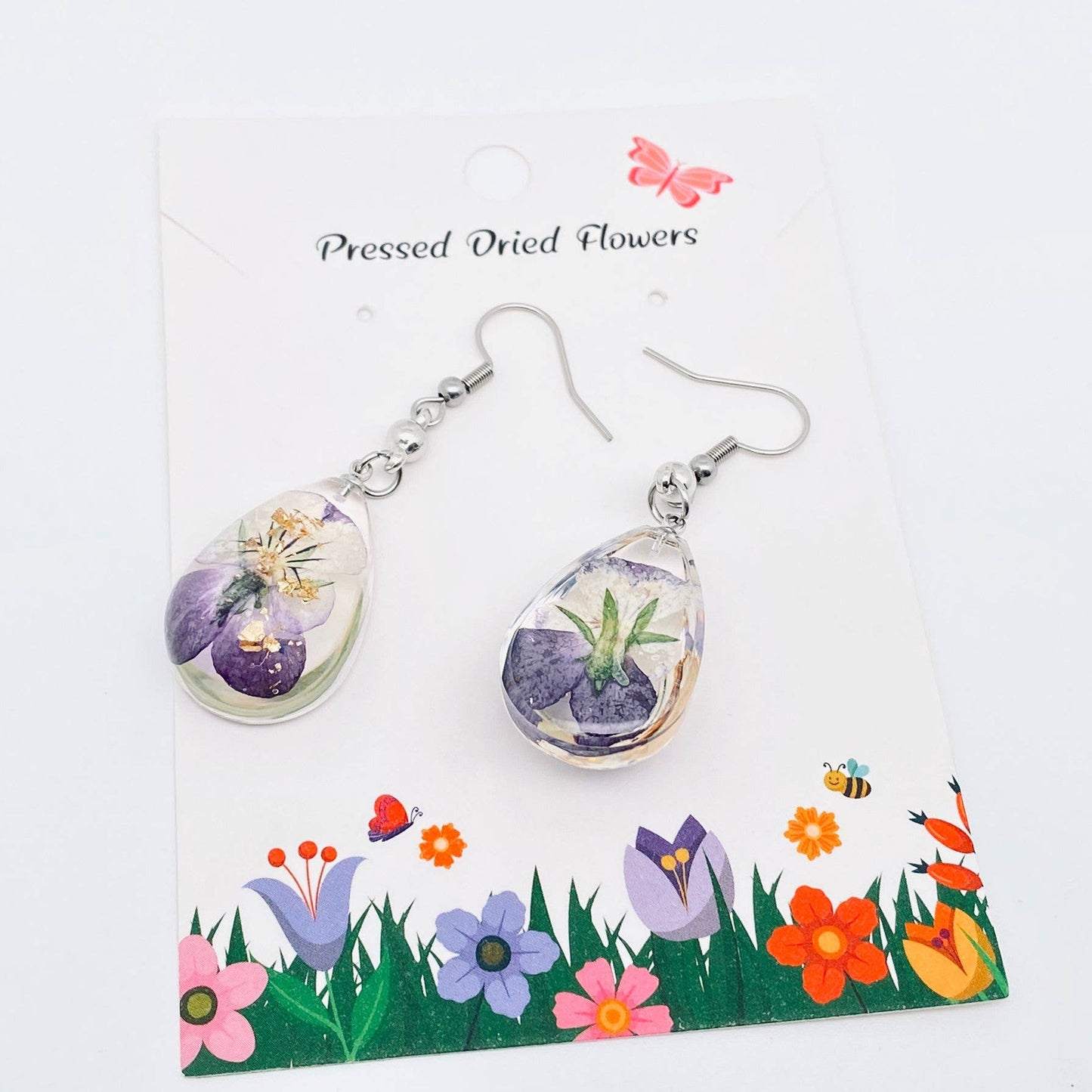 Wild Pansy Dried Flower Teardrop Dangle Earrings