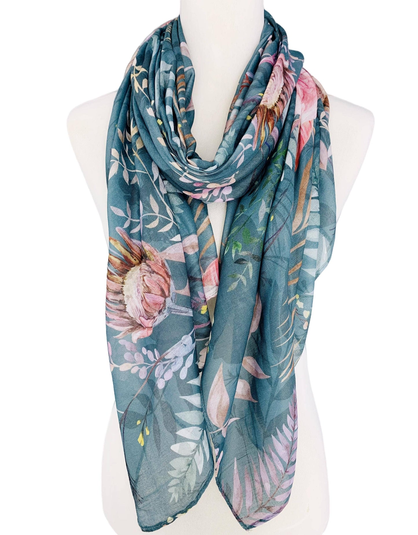 Teal-Pink Floral Scarf