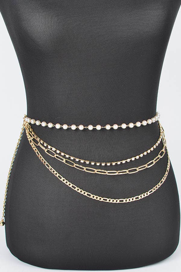 Multi Layered Chain Belt with Pearl Waist - Gold