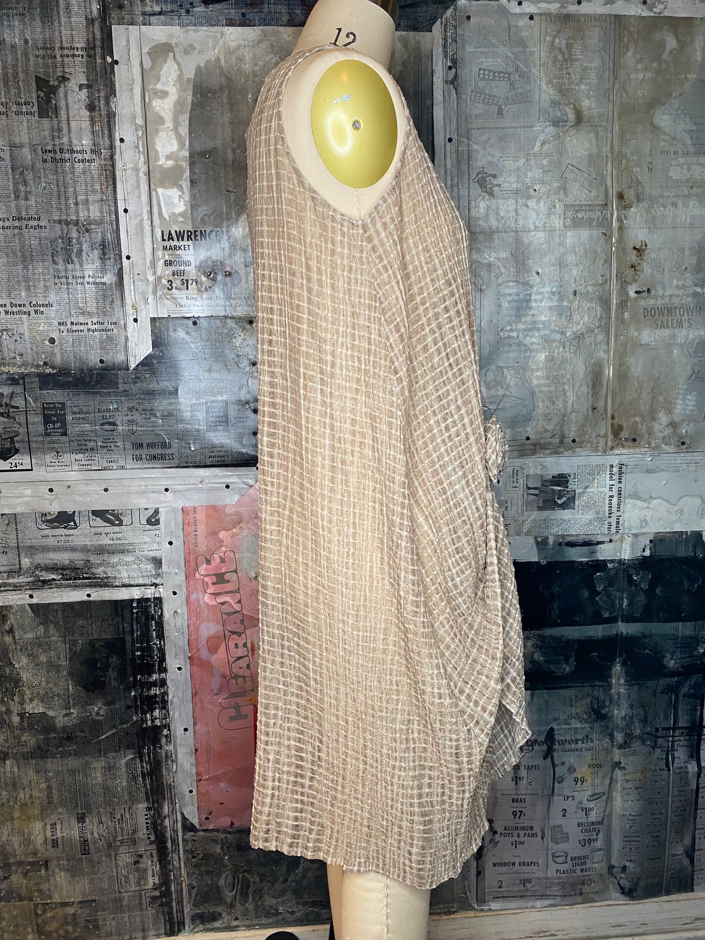 Textured Tank Midi Dress with Rosette - Beige