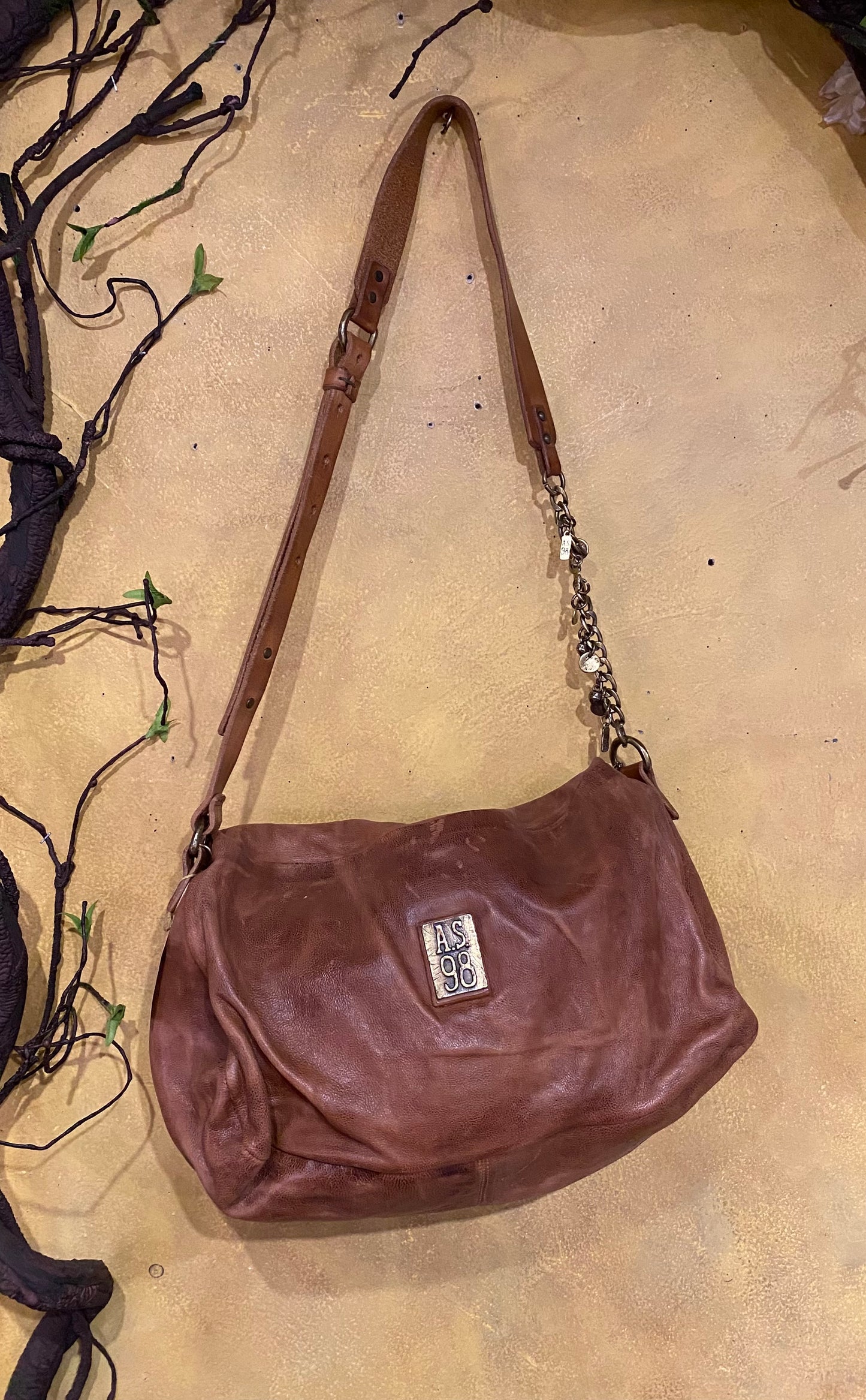 Folded Top Leather Crossbody Bag - Camel