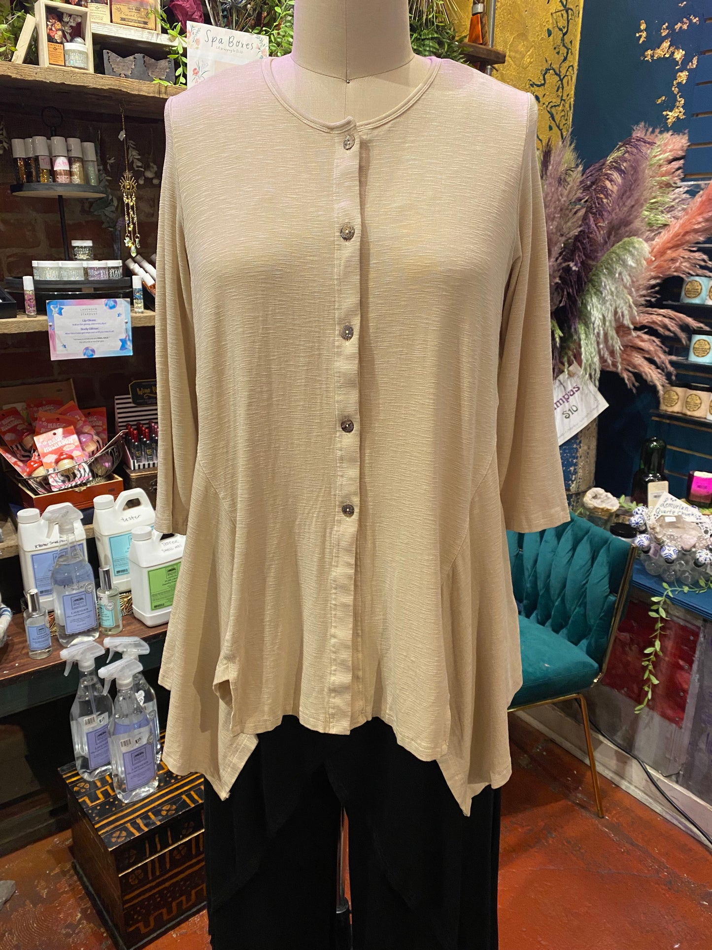3/4 Sleeve Button Down Slit Shirt - Latte
