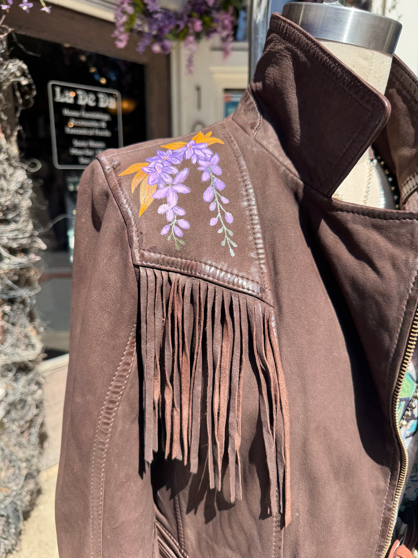 Painted Floral Skull & Snake Brown M. Leather Fringe Jacket - Hannah King*