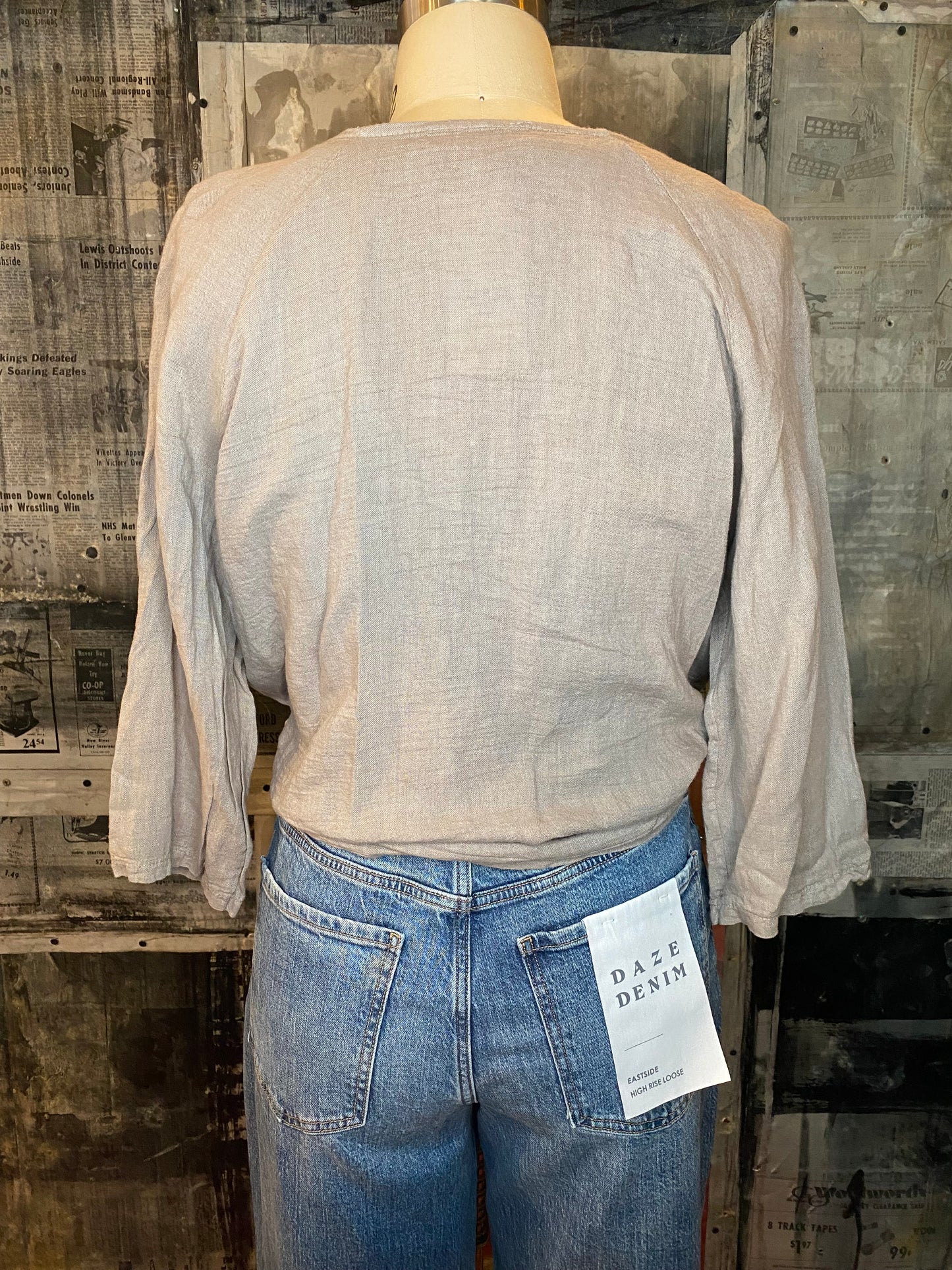 Linen, 3/4 Sleeve Wrap, Front Tie Top - Taupe