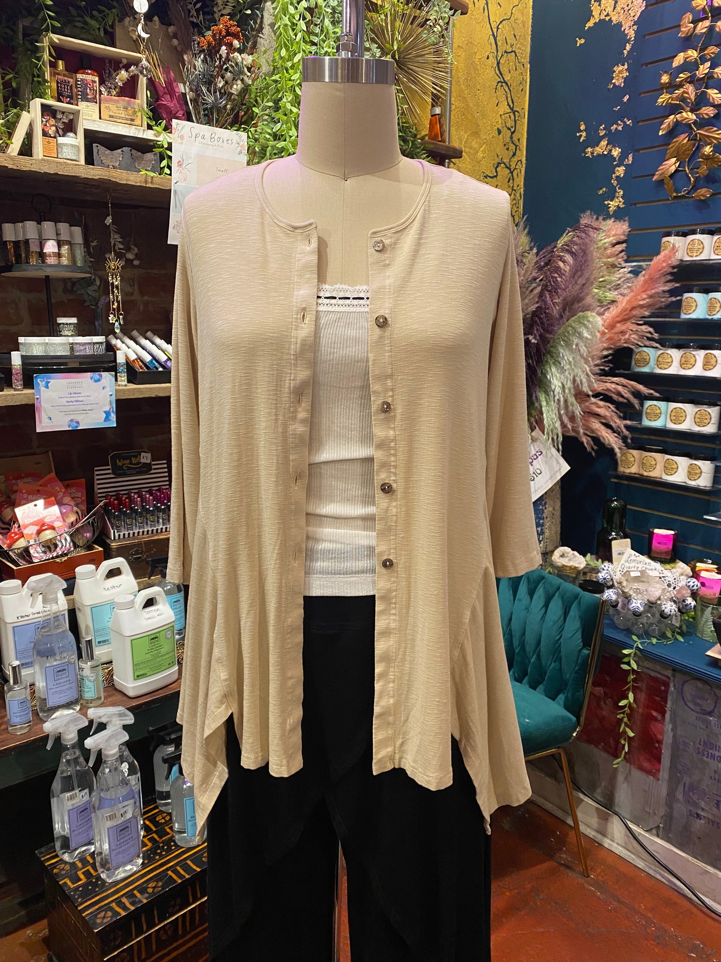 3/4 Sleeve Button Down Slit Shirt - Latte