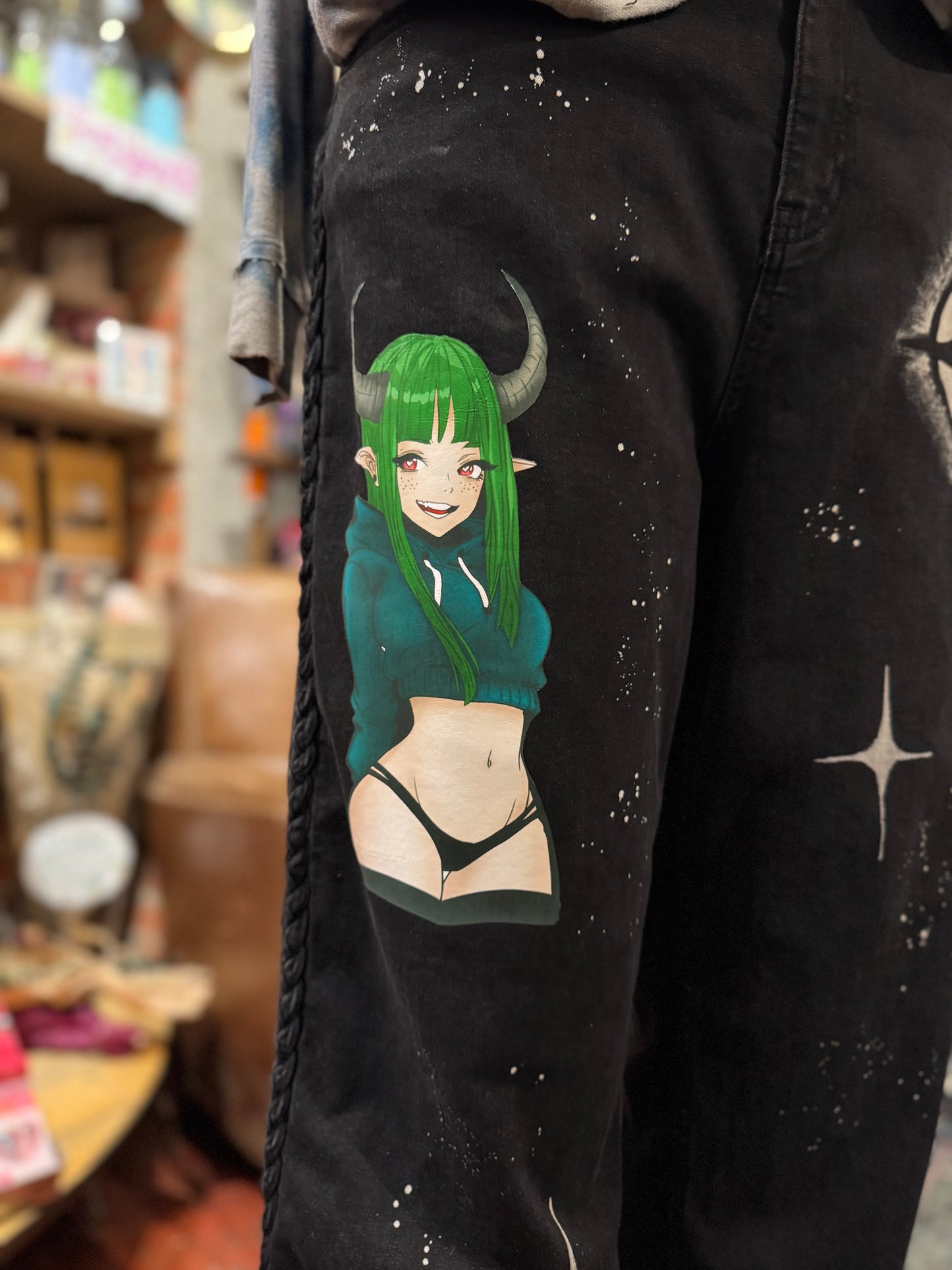 Anime with Stars Braided Black Jeans -Laura Bruce*