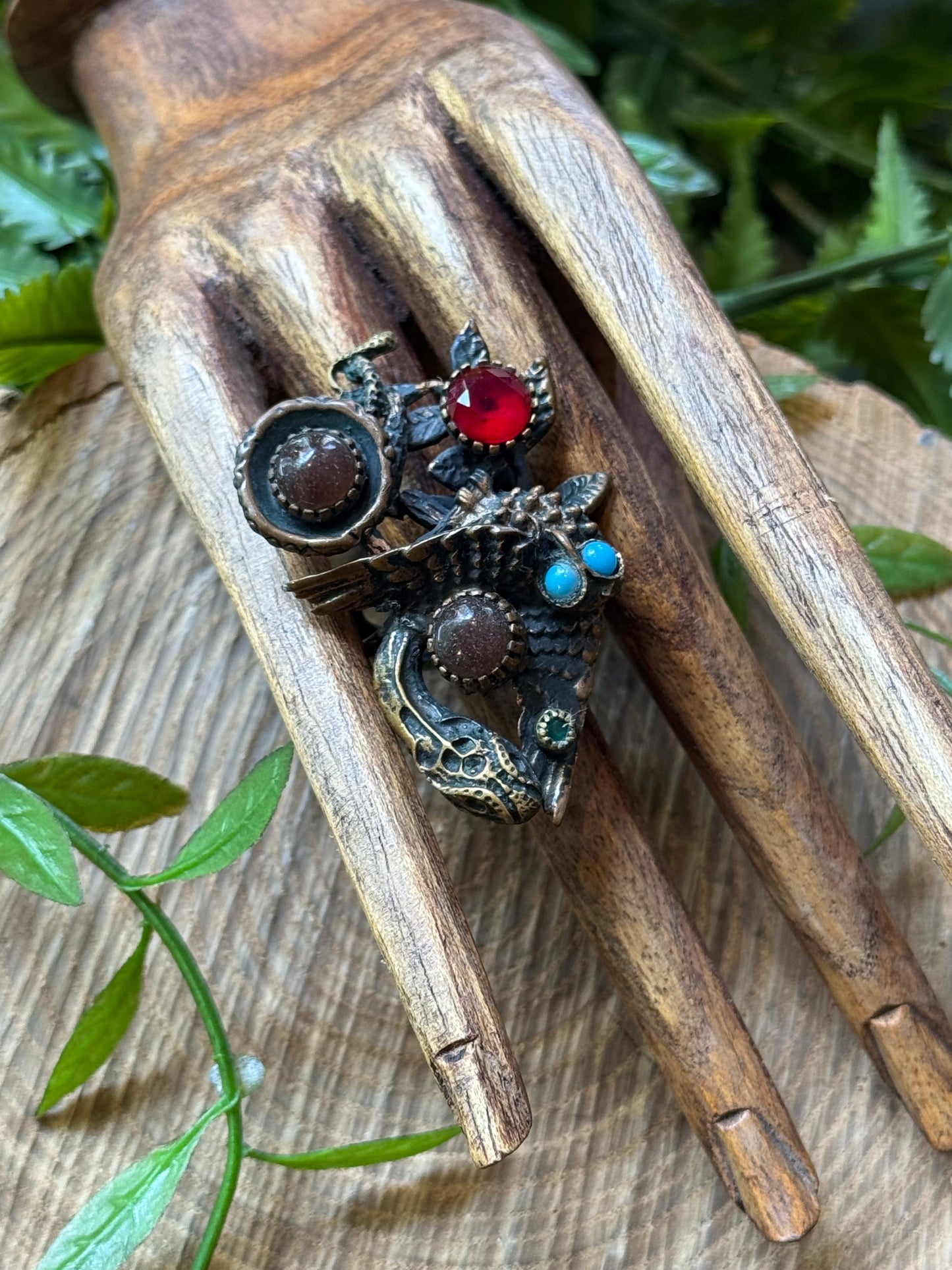 Winged Snake with Ruby, Turq, Emerald & Mocha Stone Ring