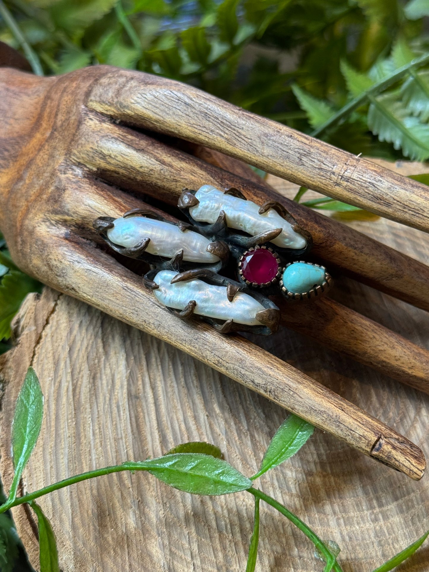 3 Pearl with Turquoise & Ruby Ring