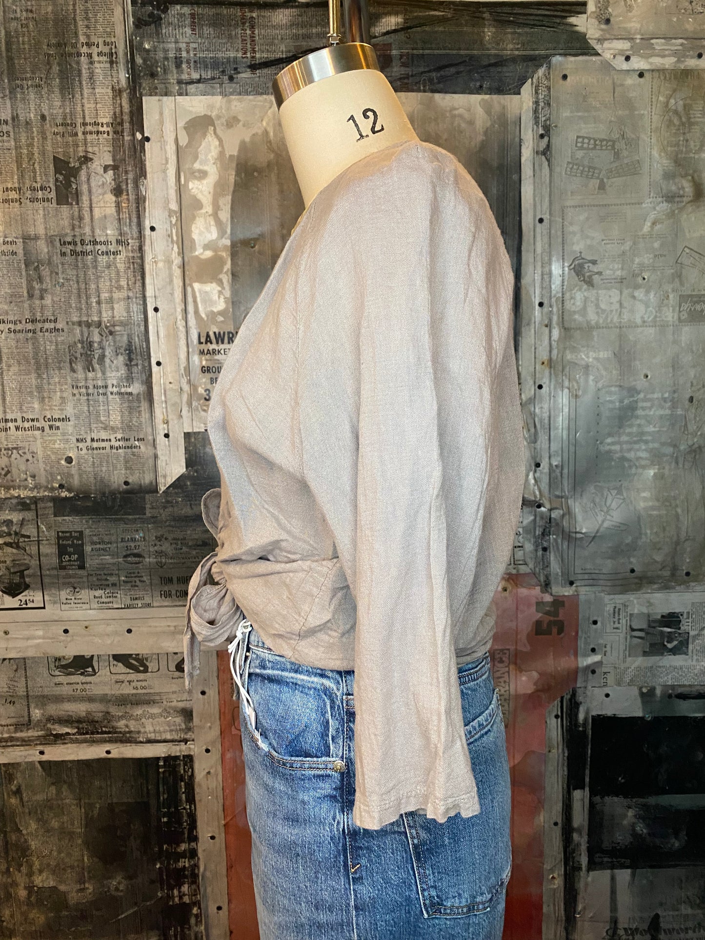 Linen, 3/4 Sleeve Wrap, Front Tie Top - Taupe