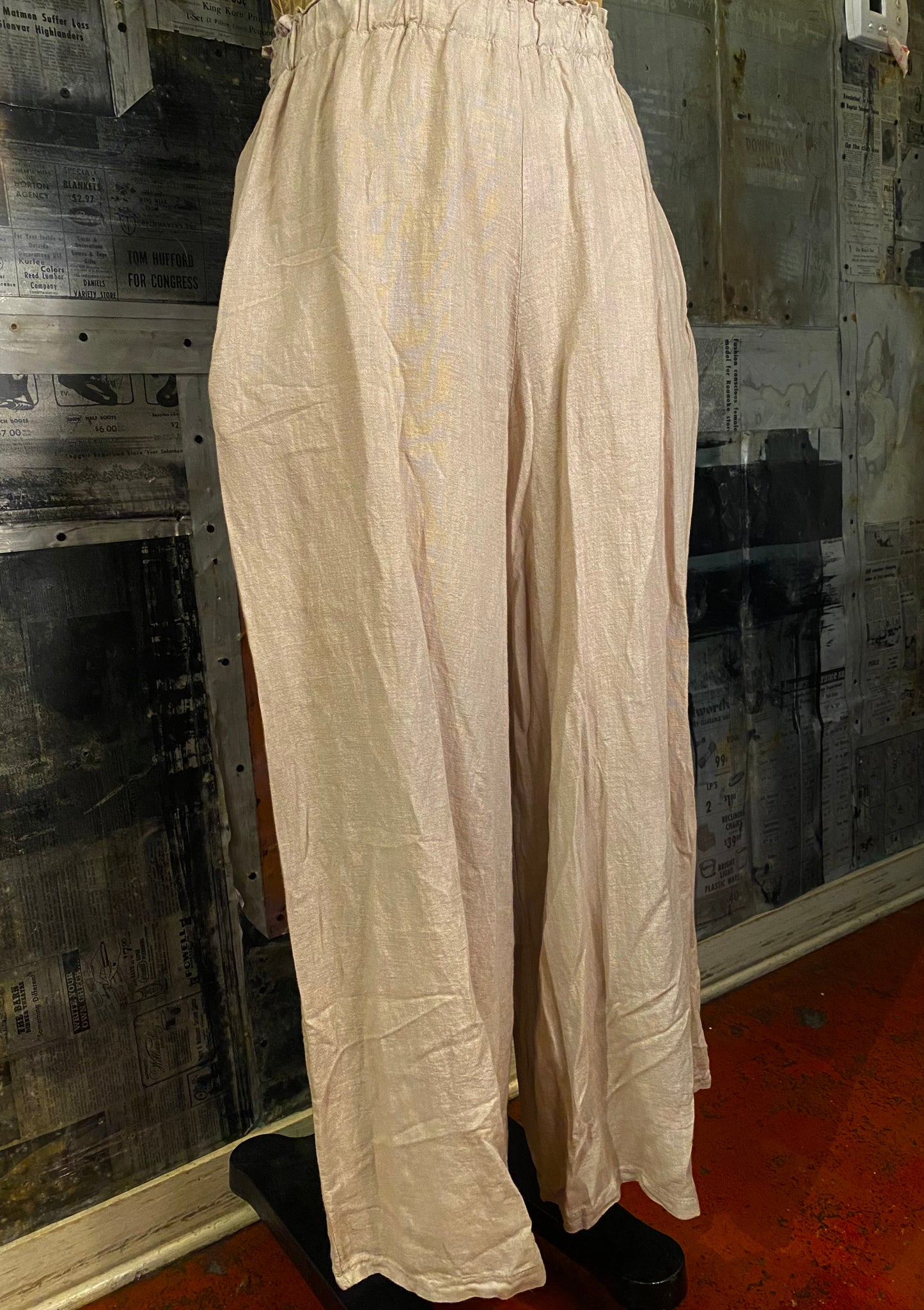 Linen, Elastic Waist Palazzo Pants - Sand