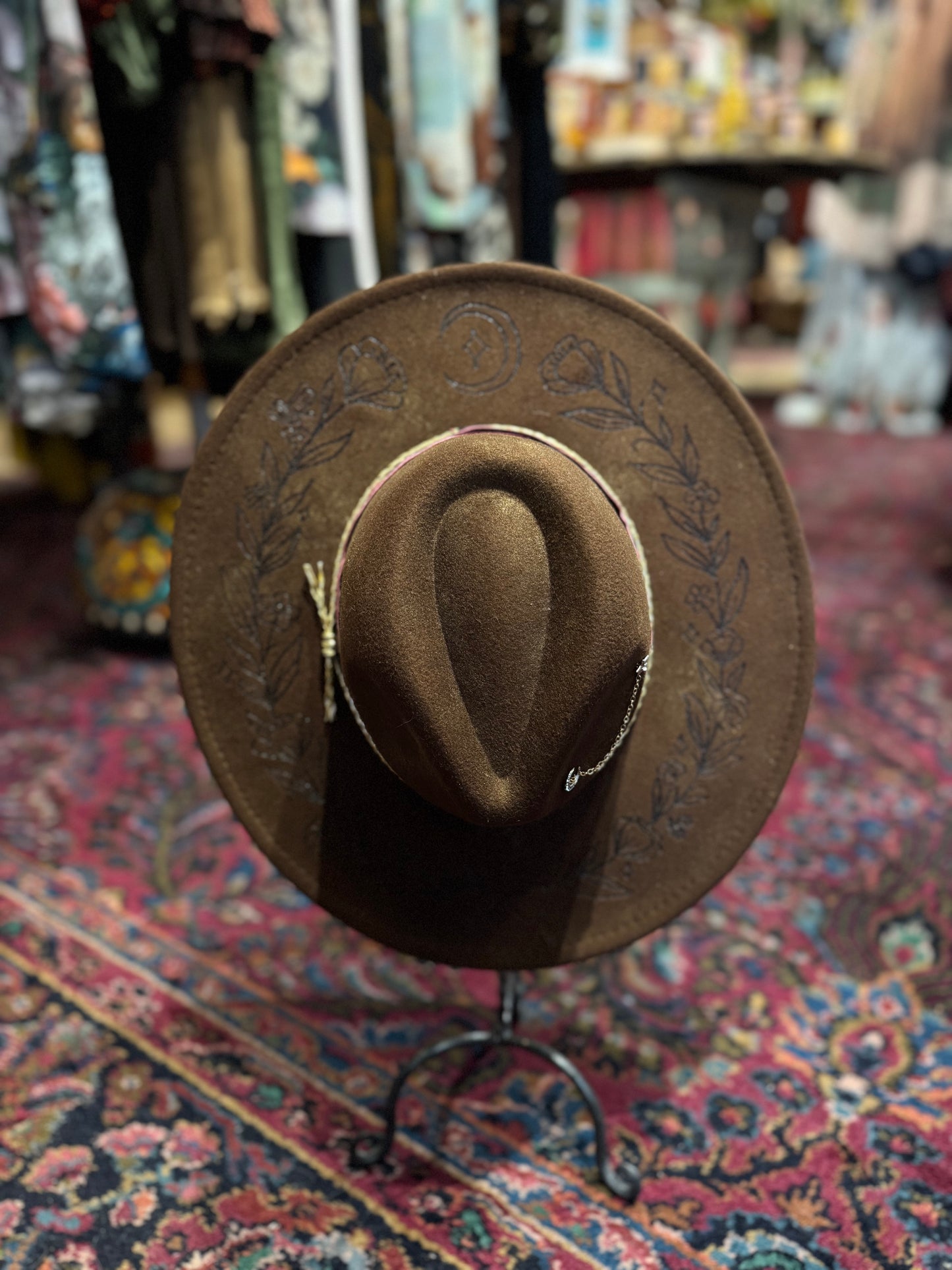 Burnt Floral Vines on NYMF Brown Marble Hat - Hannah King*