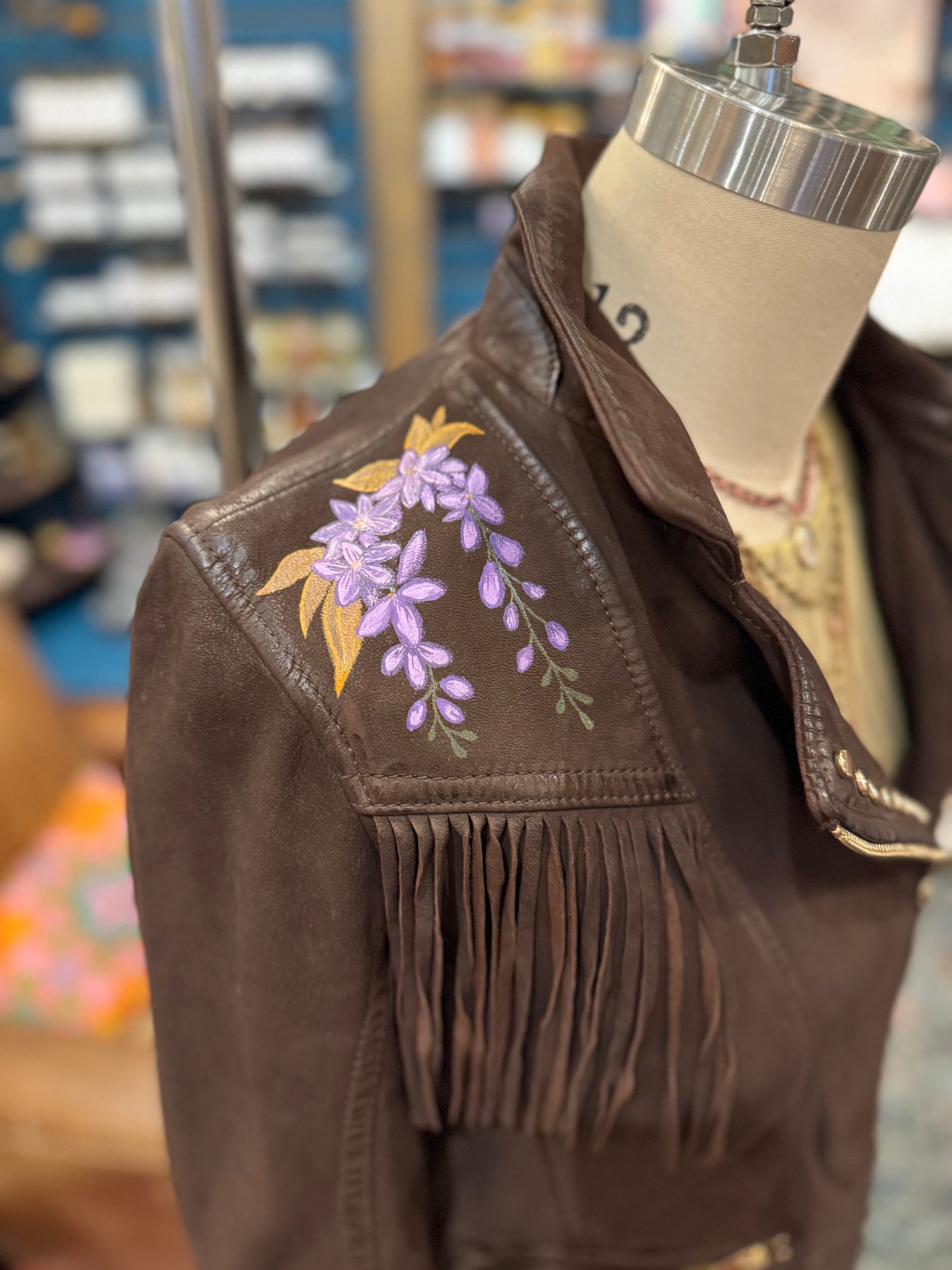 Painted Floral Skull & Snake Brown M. Leather Fringe Jacket - Hannah King*