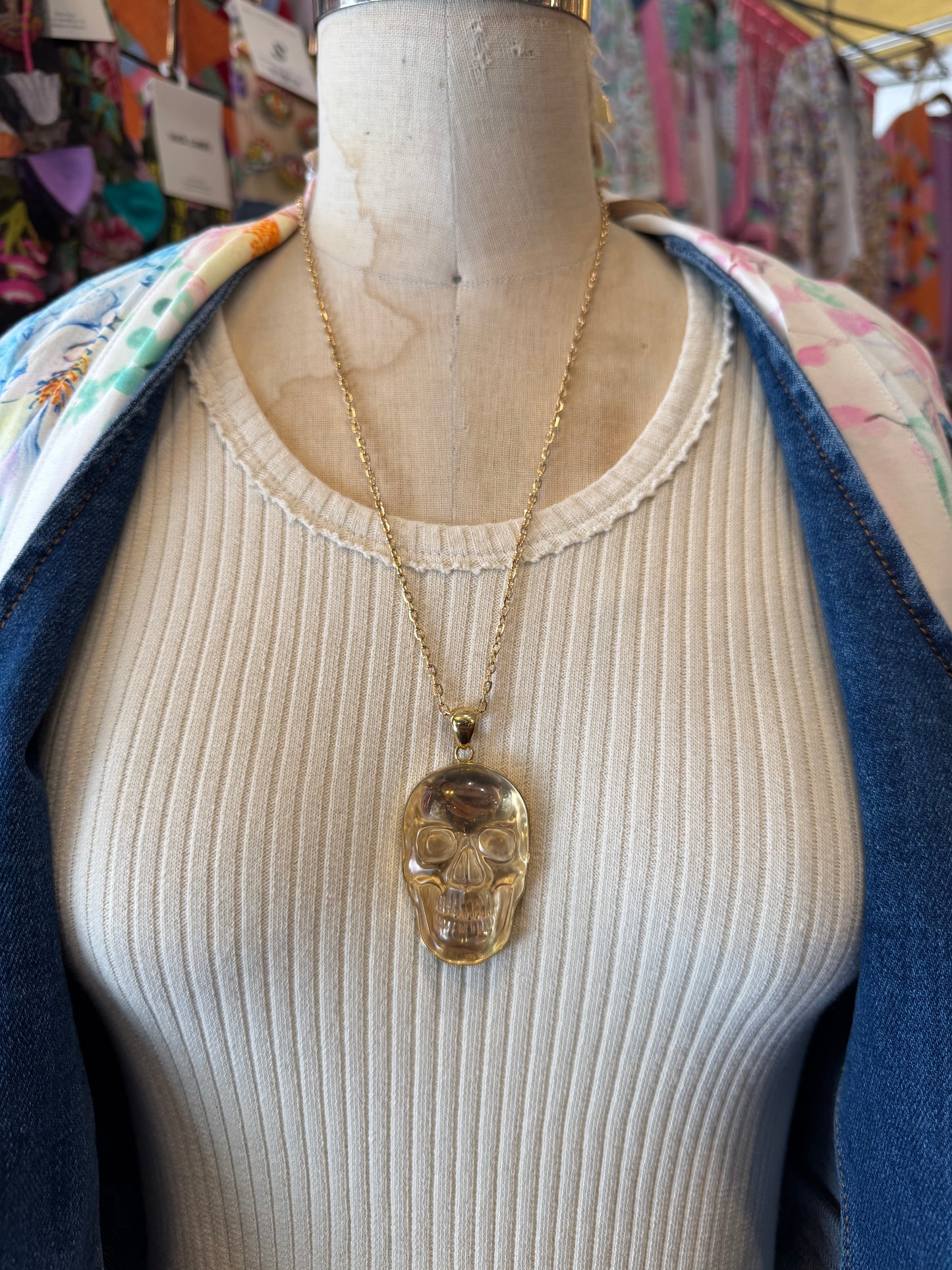 Clear Quartz Golden Skull Necklace