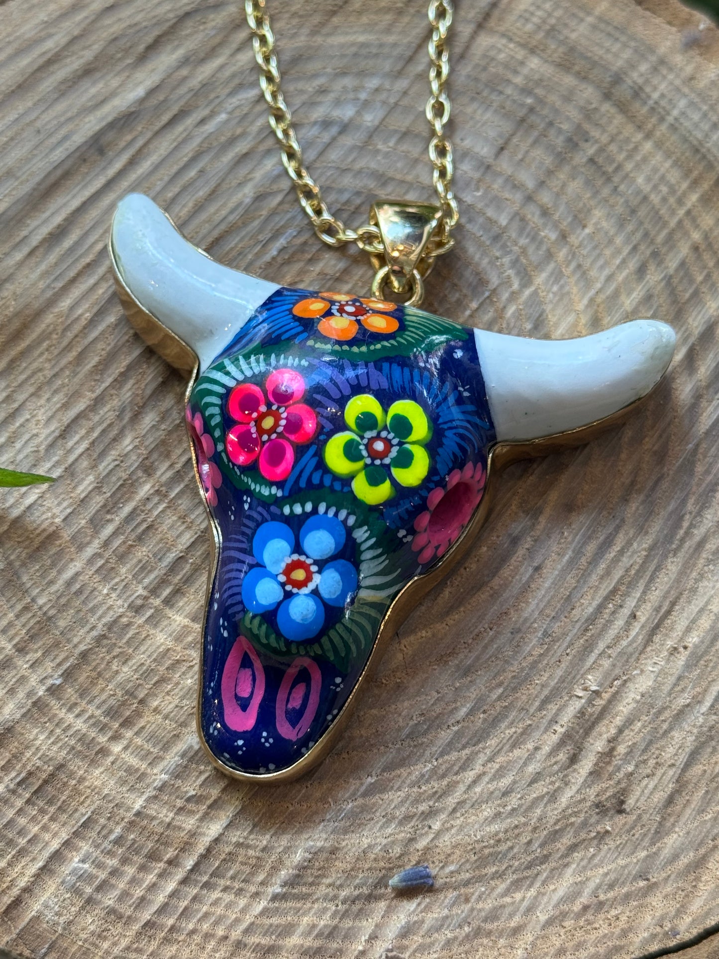 Hand Painted Ceramic Cow Skull Necklace
