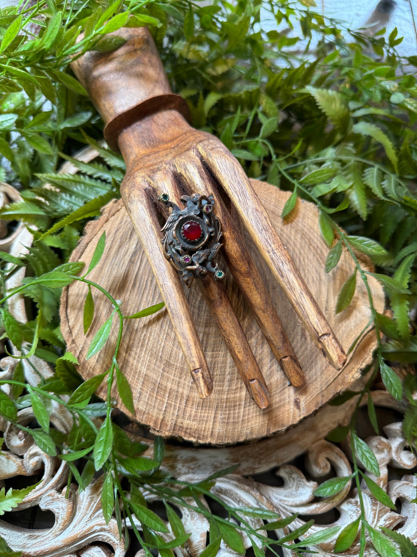 Peacock & Cherub Ruby / Emerald Ring