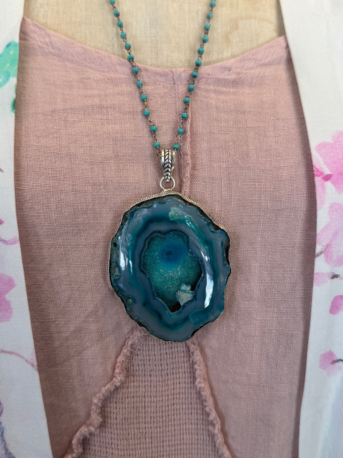 Dyed Large Blue Agate Slice Pendant