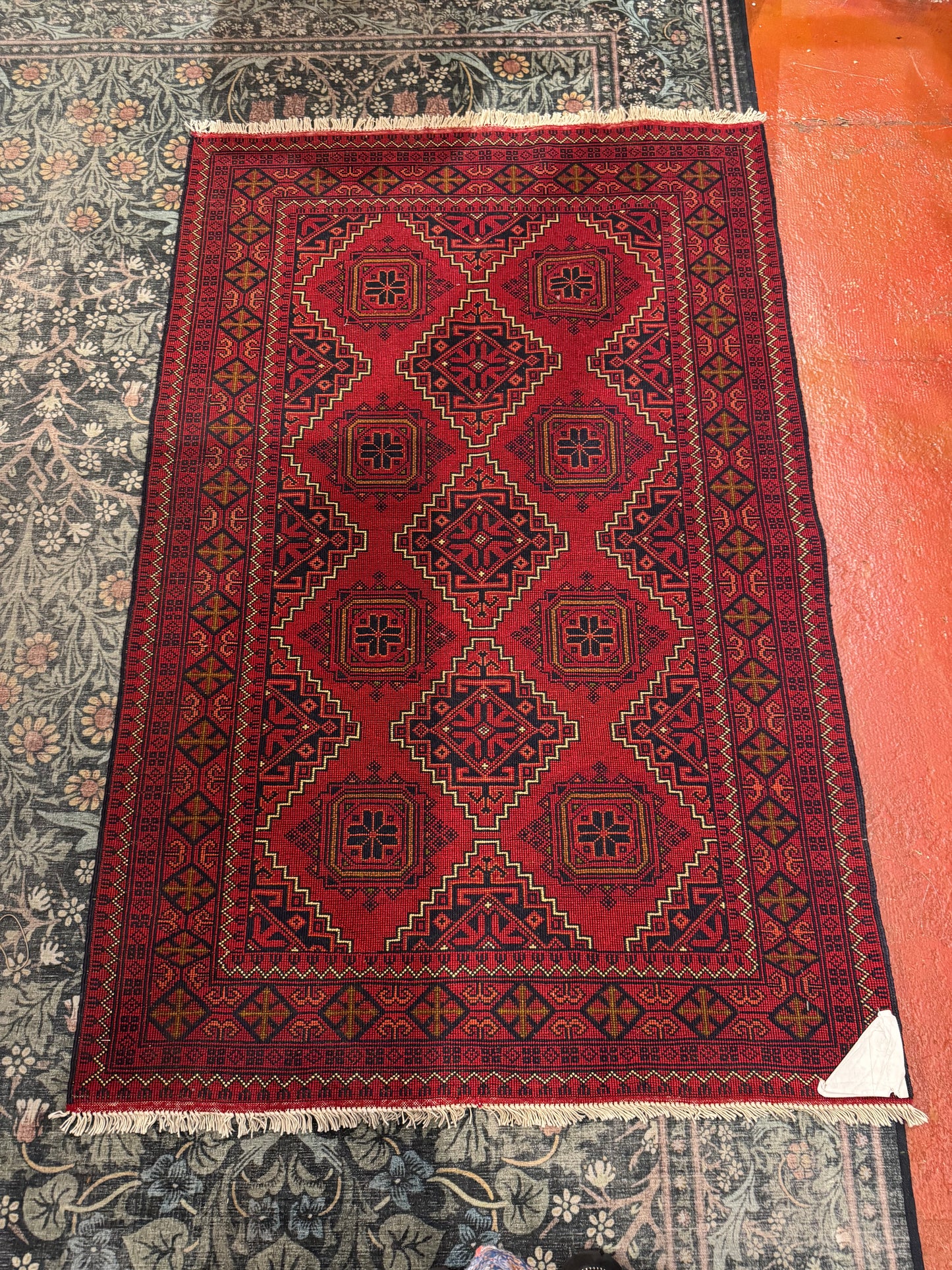 Handmade Wool Area Rug - Red Geometric Print
