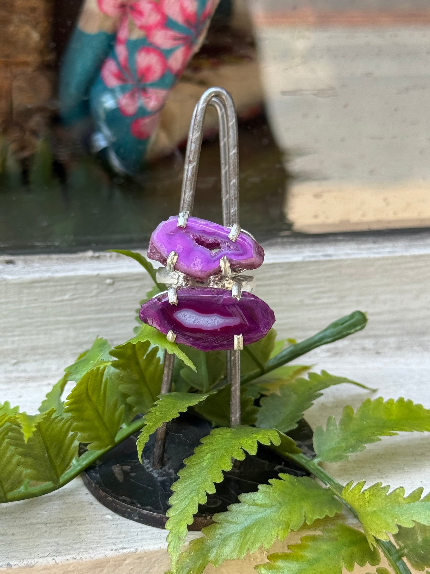 Double Fuchsia Agate Slice Silver Ring