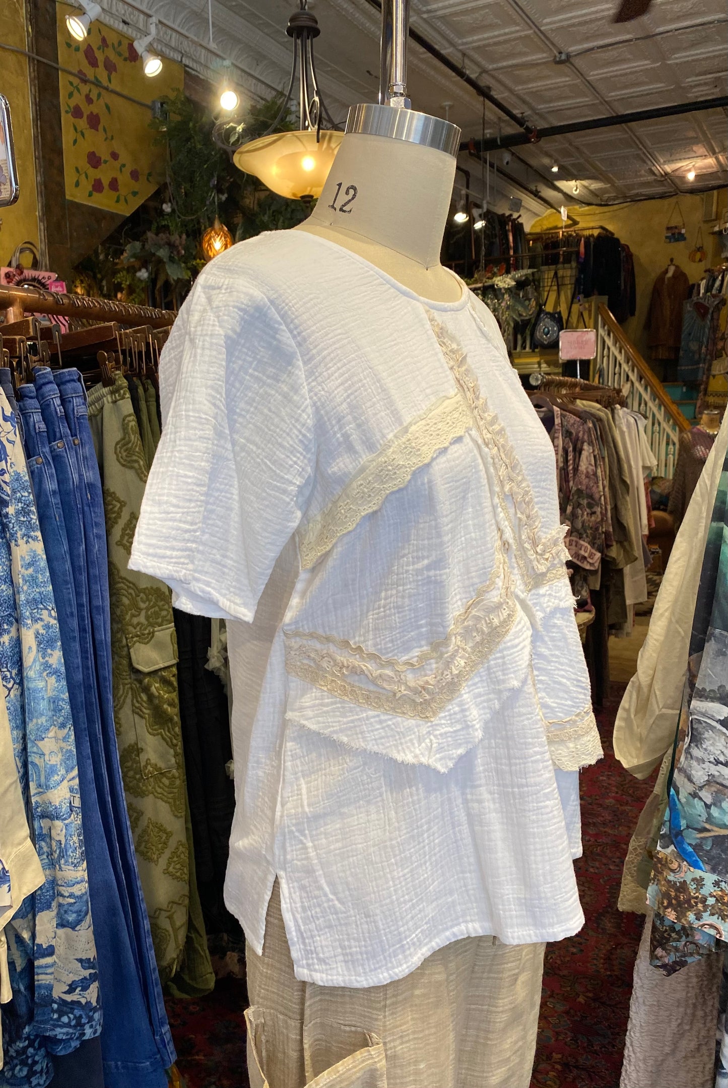 Top With Shiffle & Lace Over-Lapping Patches - White