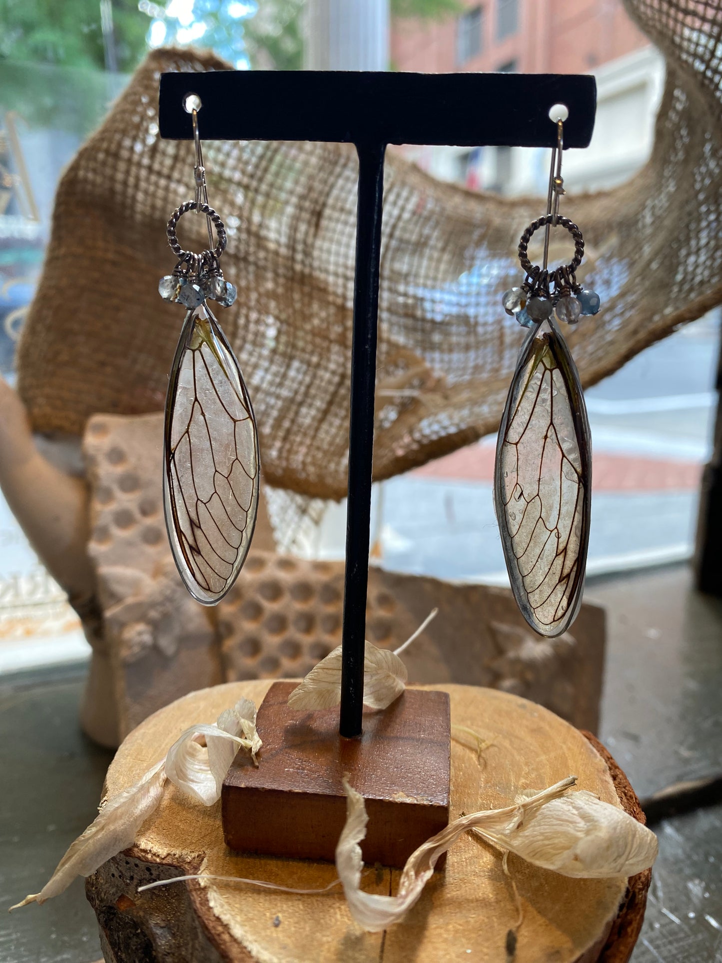 Cicada Wings On Sterling Ring w/ Microfaceted Stones Earrings (1) *E265