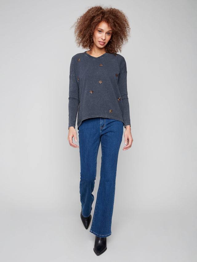 Beaded Vintage V-Neck Knit Top - Charcoal