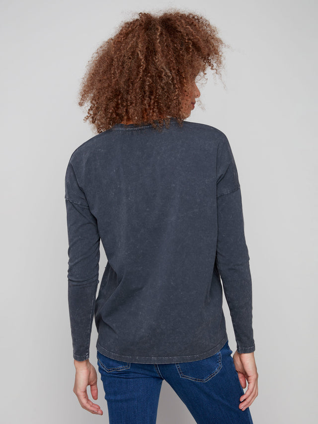 Beaded Vintage V-Neck Knit Top - Charcoal