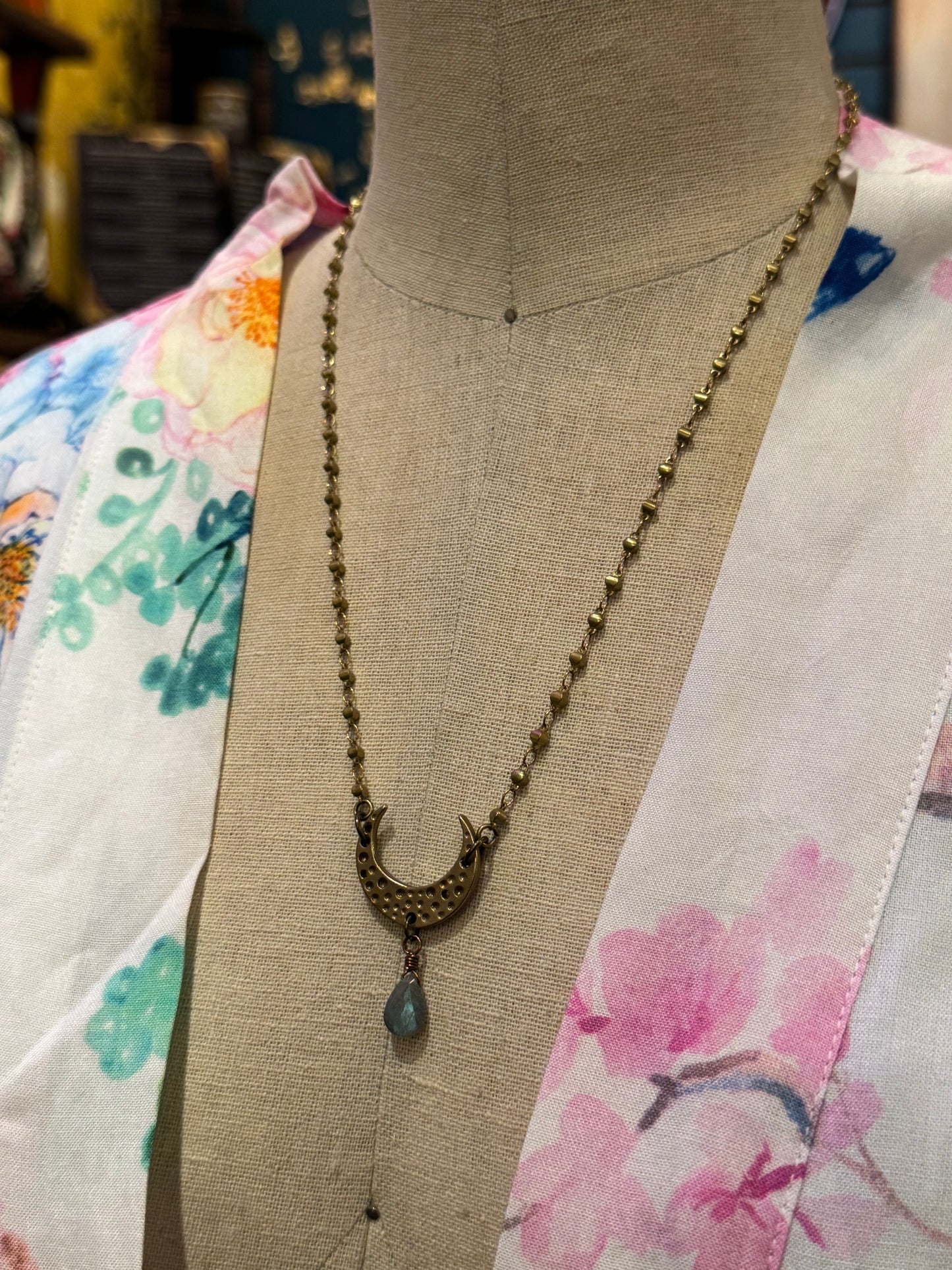 Moon Necklace with Labradorite Drop Bead