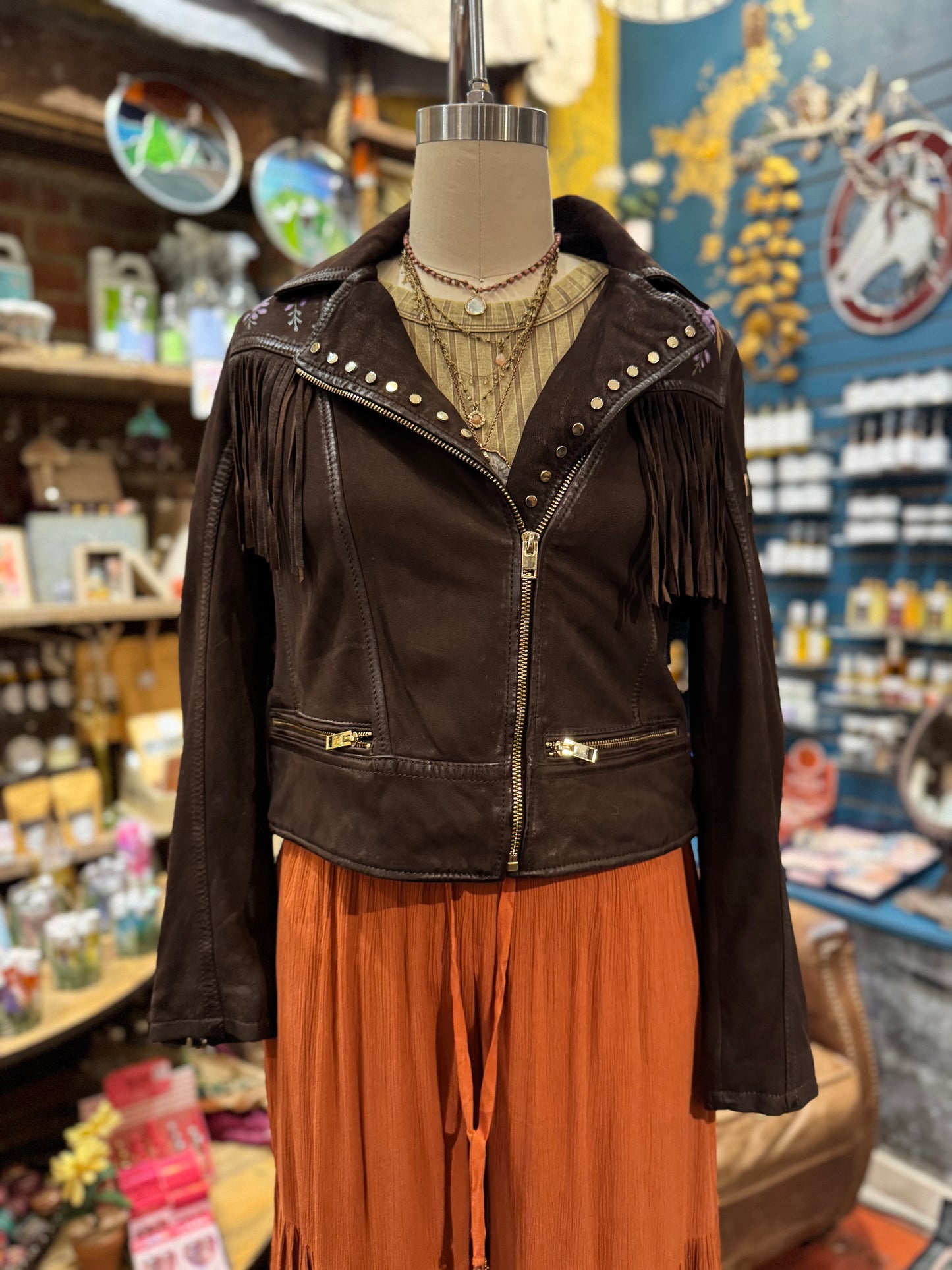 Painted Floral Skull & Snake Brown M. Leather Fringe Jacket - Hannah King*