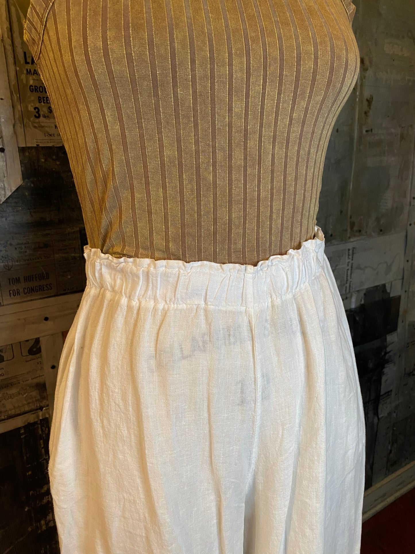 Linen, Elastic Waist Palazzo Pants - White