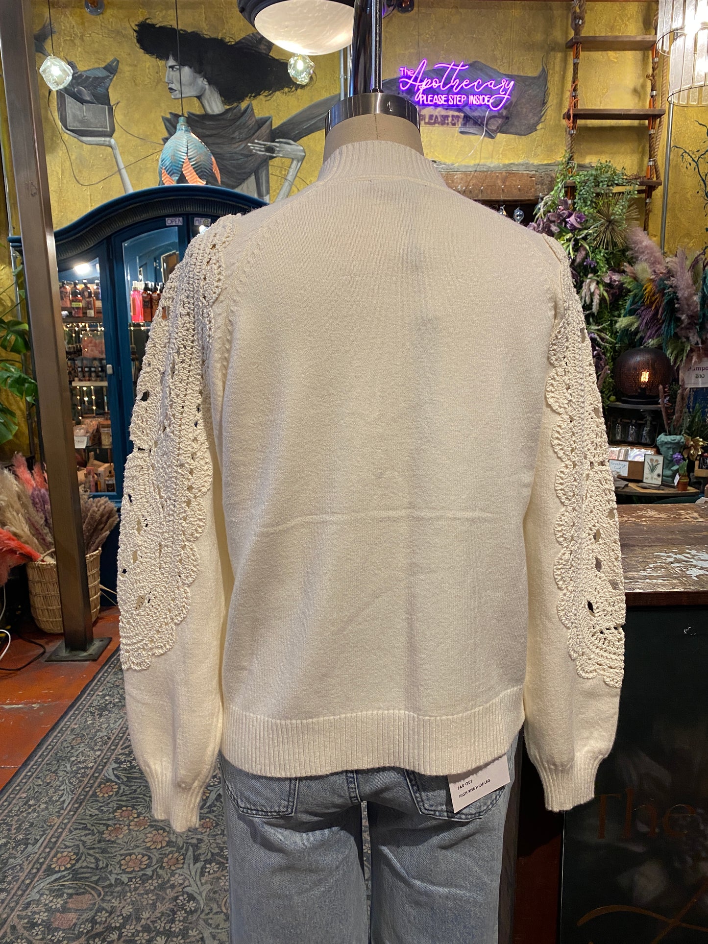 Crochet Sleeve Mock Neck - Ecru