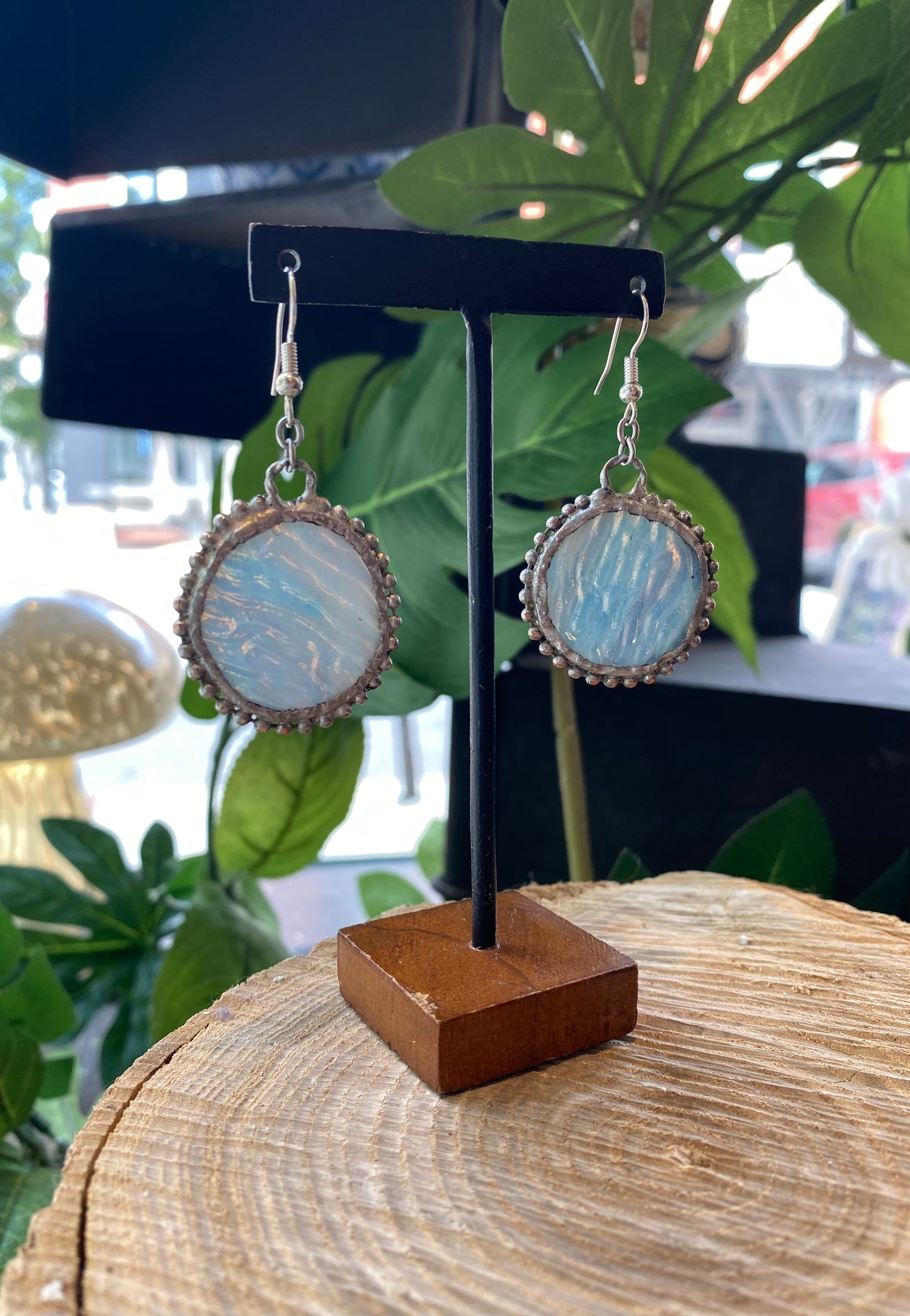 Circle Glass Earrings with Beaded Frame - KC08*