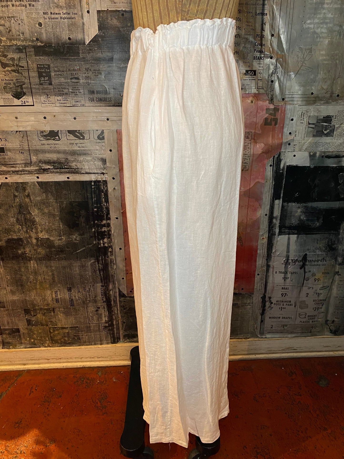 Linen, Elastic Waist Palazzo Pants - White