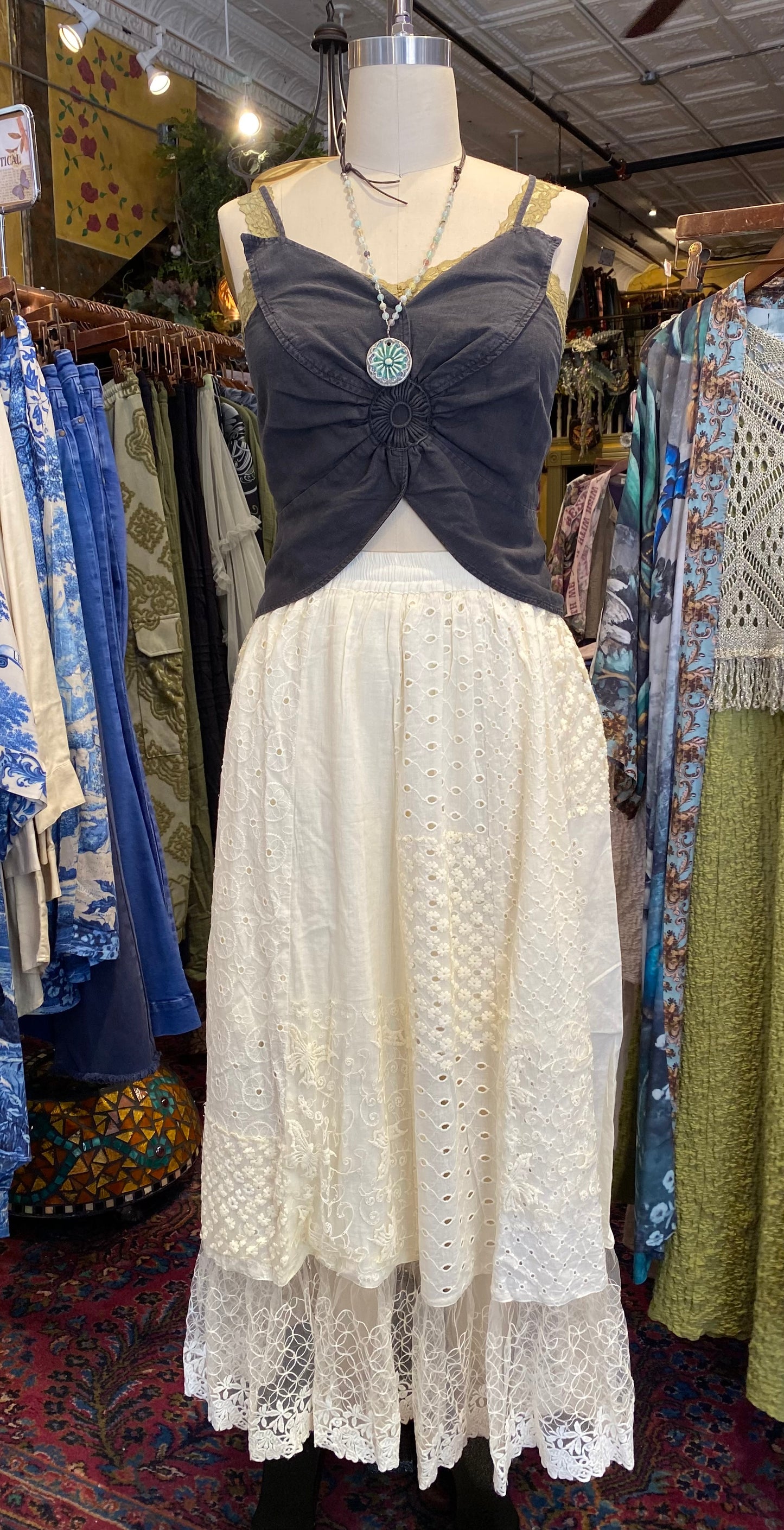 Floral Eyelet Maxi Skirt - Cream