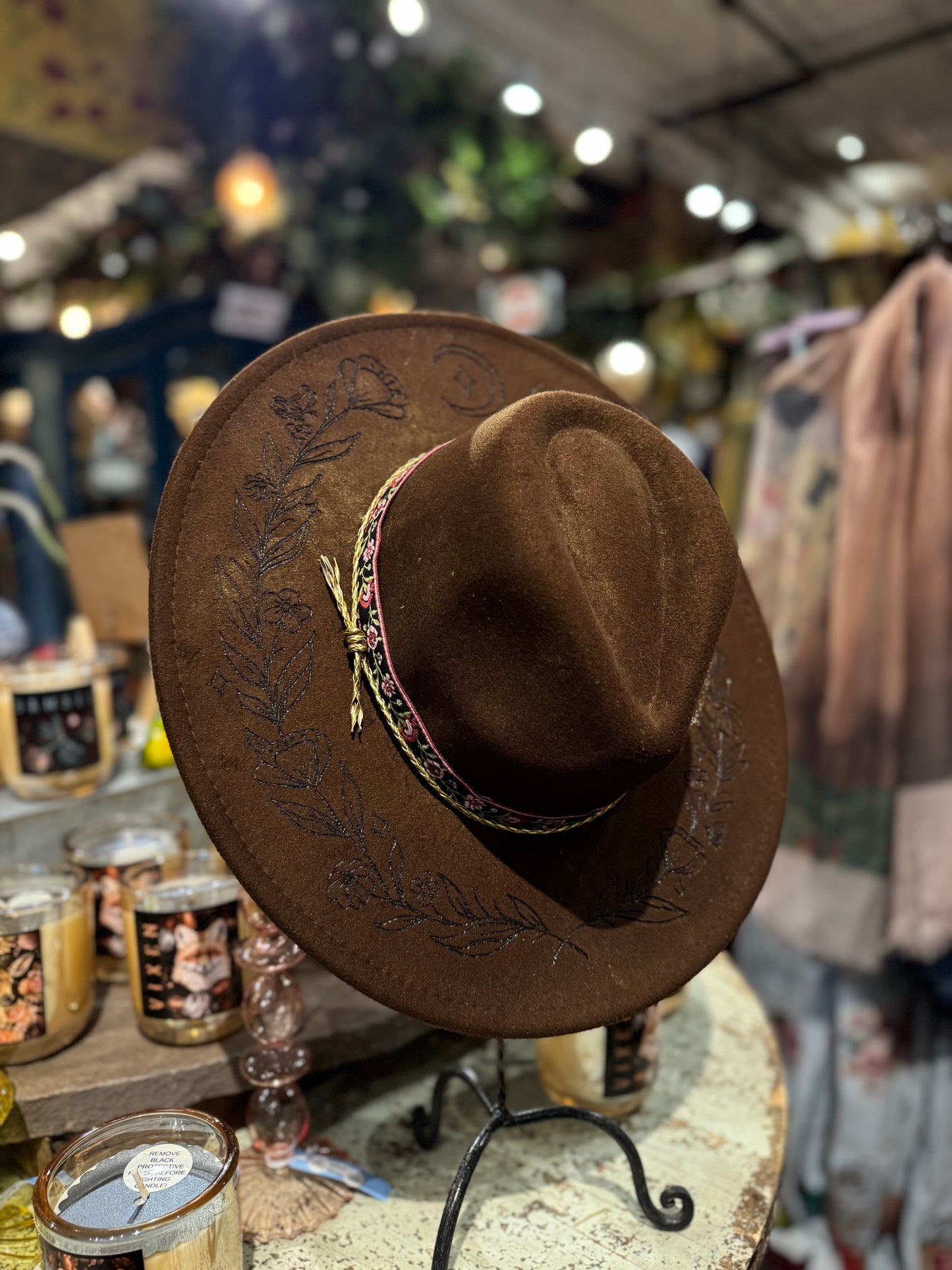 Burnt Floral Vines on NYMF Brown Marble Hat - Hannah King*