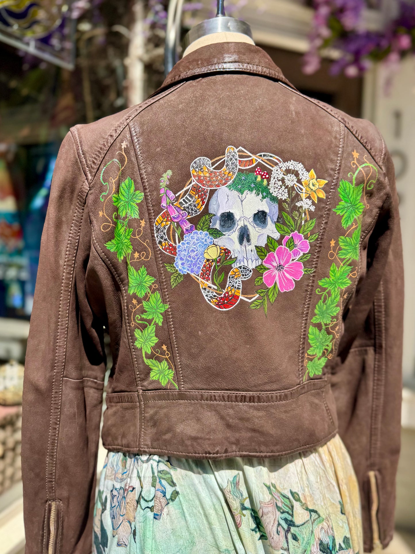 Painted Floral Skull & Snake Brown M. Leather Fringe Jacket - Hannah King*