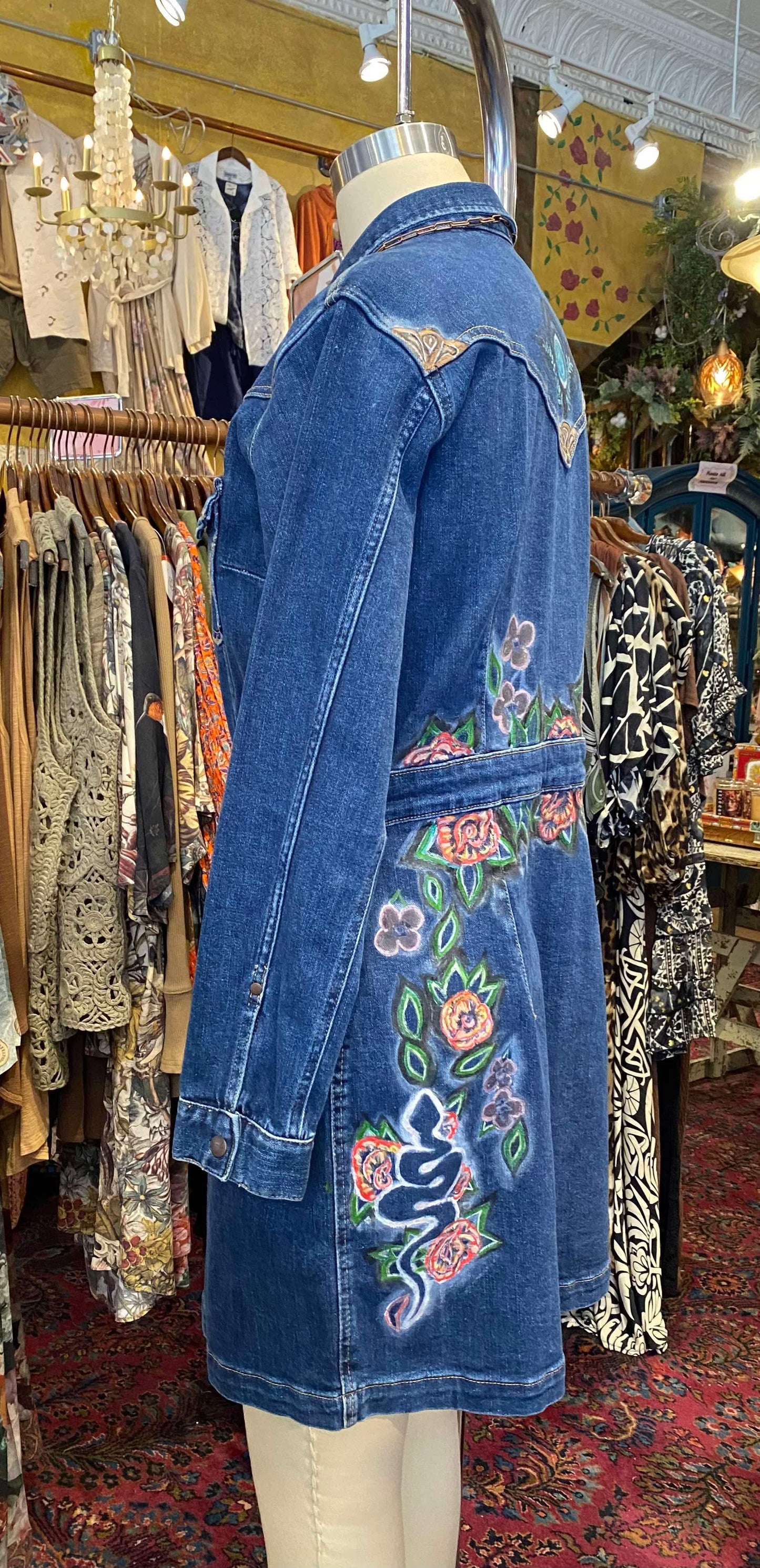 Floral Wrangler Blue Denim Short Dress -Chelsea Dudley Art*