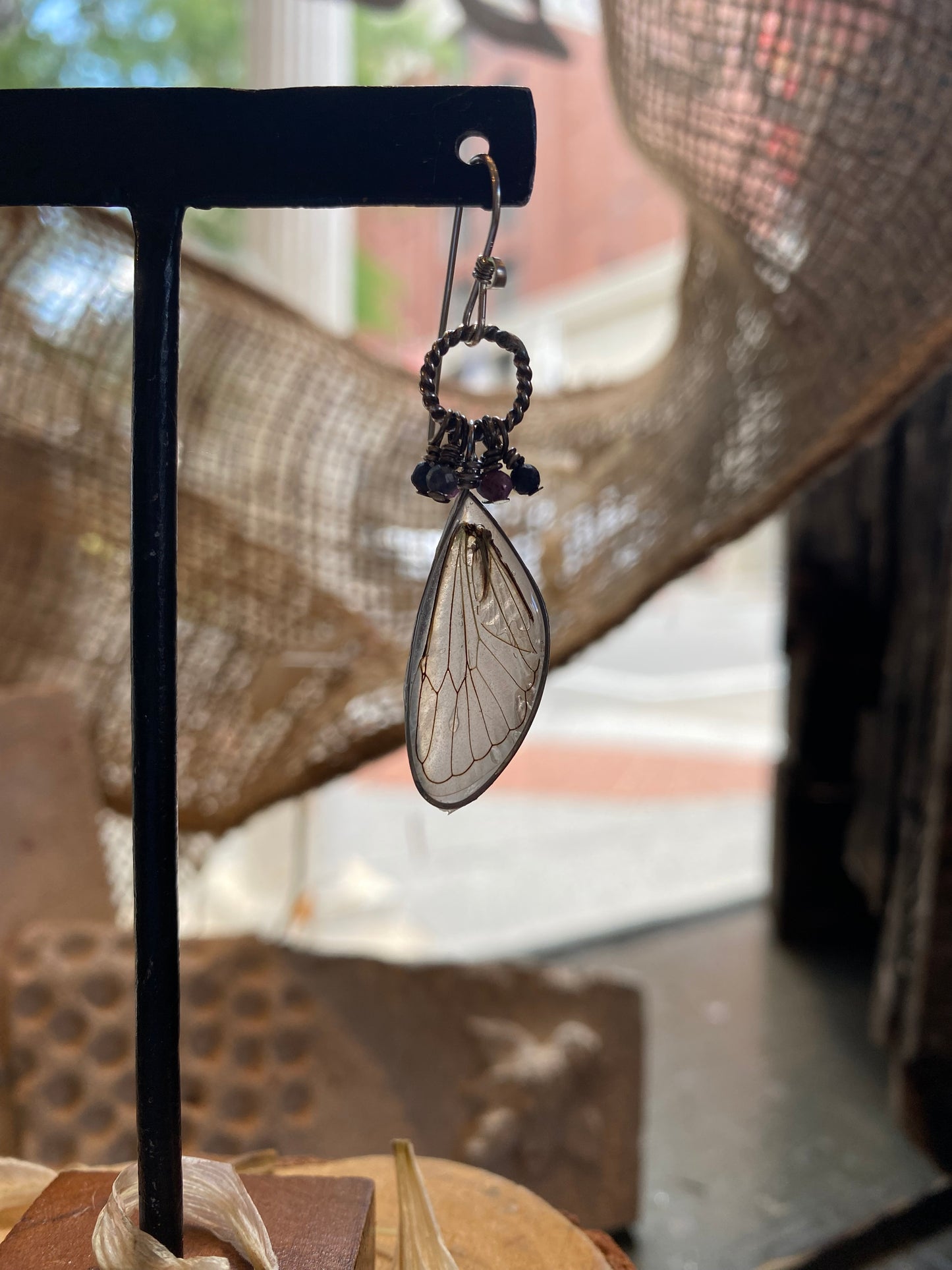 Cicada Wings On Sterling Ring w/ Microfaceted Stones Earrings (2) *E265
