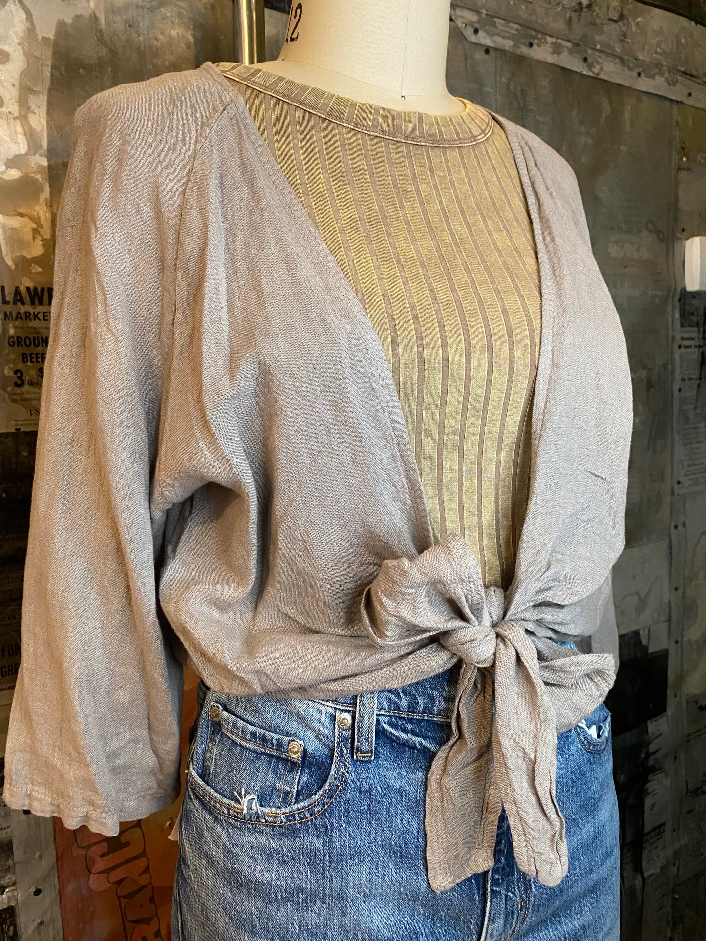 Linen, 3/4 Sleeve Wrap, Front Tie Top - Taupe