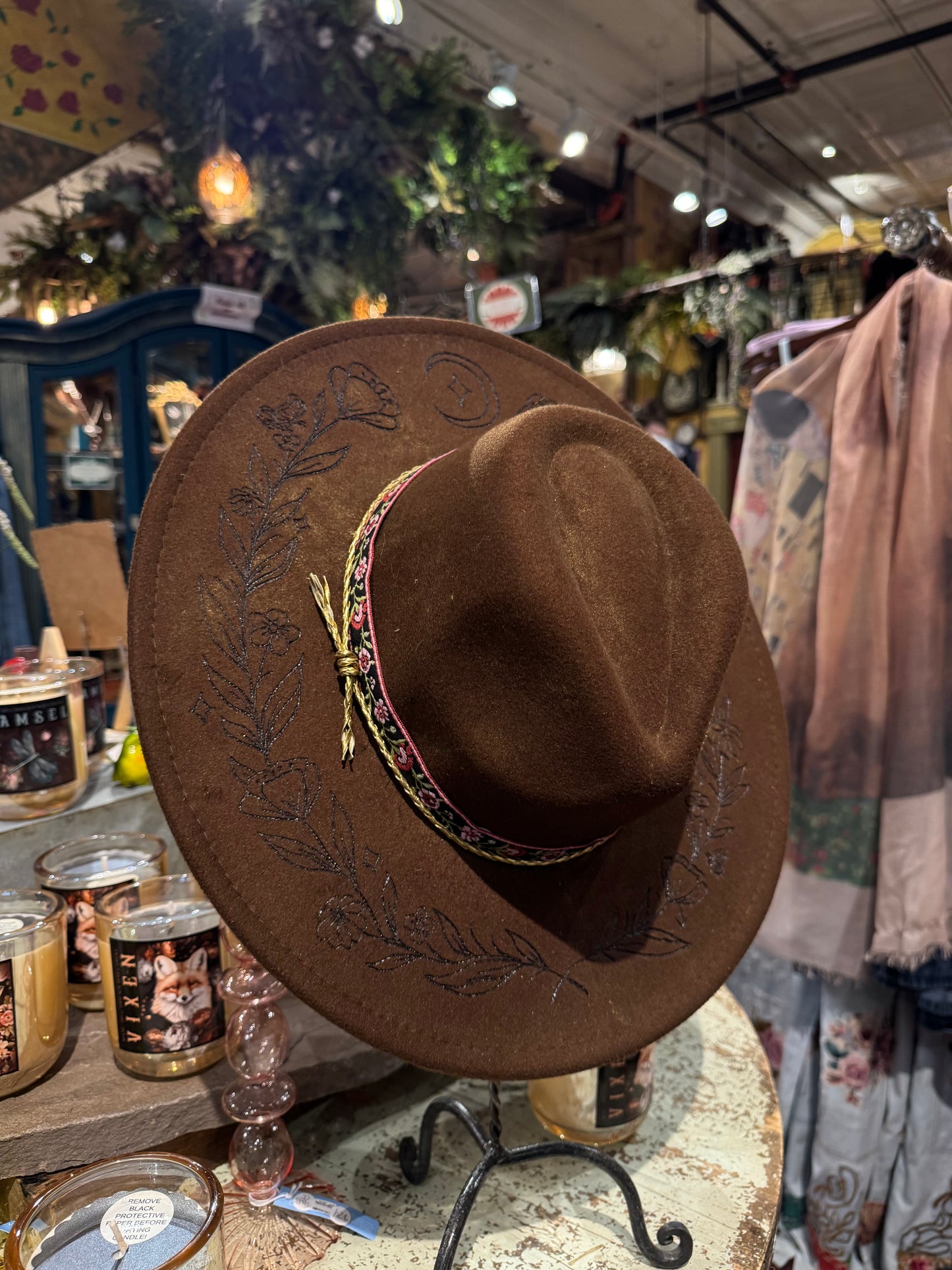 Burnt Floral Vines on NYMF Brown Marble Hat - Hannah King*