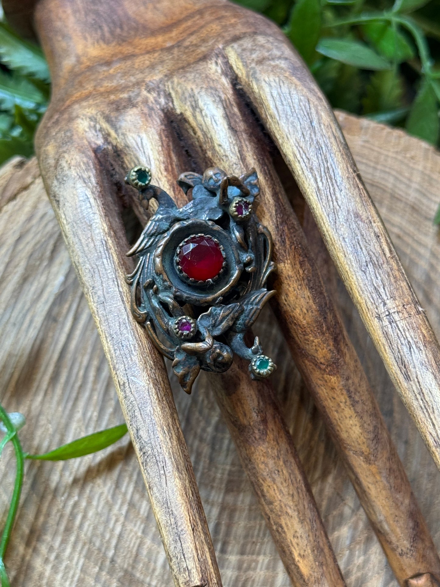 Peacock & Cherub Ruby / Emerald Ring