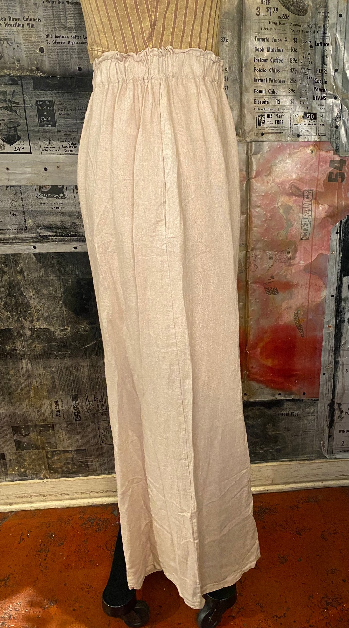 Linen, Elastic Waist Palazzo Pants - Sand