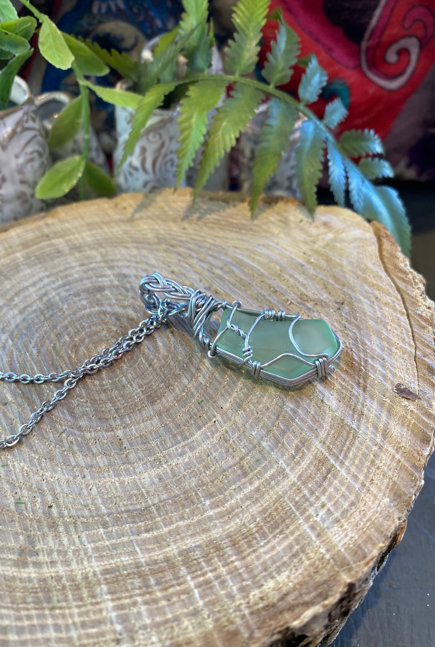 Silver Wrapped Uranium Glass Necklace #IV113