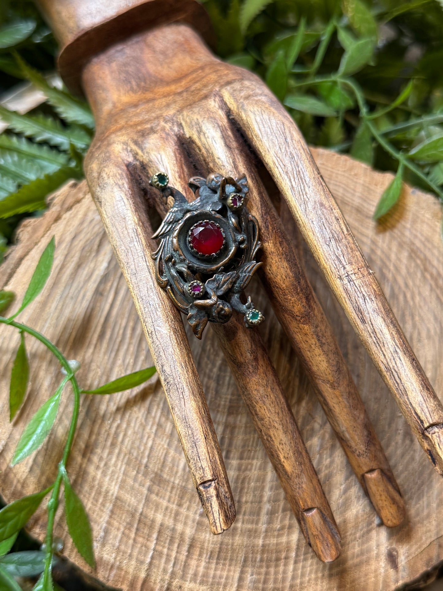 Peacock & Cherub Ruby / Emerald Ring