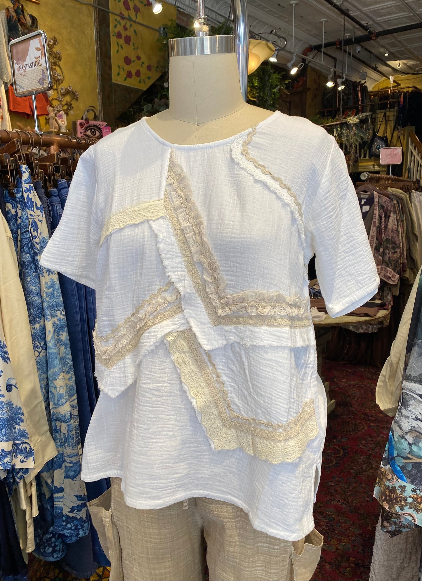 Top With Shiffle & Lace Over-Lapping Patches - White