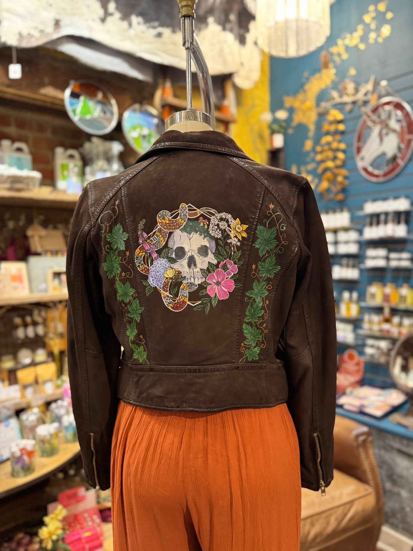 Painted Floral Skull & Snake Brown M. Leather Fringe Jacket - Hannah King*