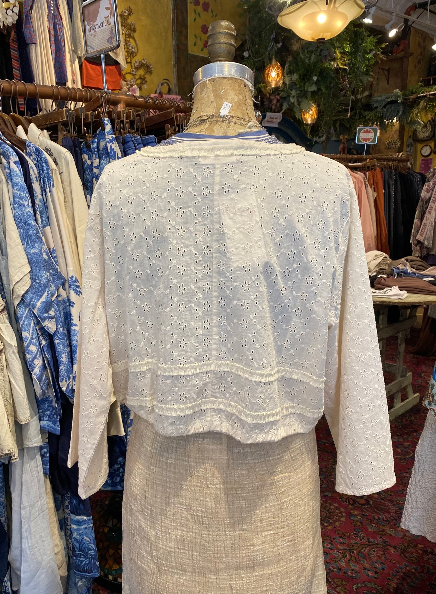 Self-Printed Short Jacket With Ruffles & Tassels - Cream