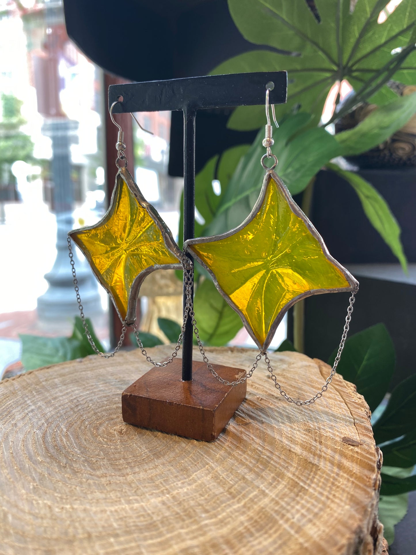 Yellow Starburst Glass Earrings with Chains - KC05*